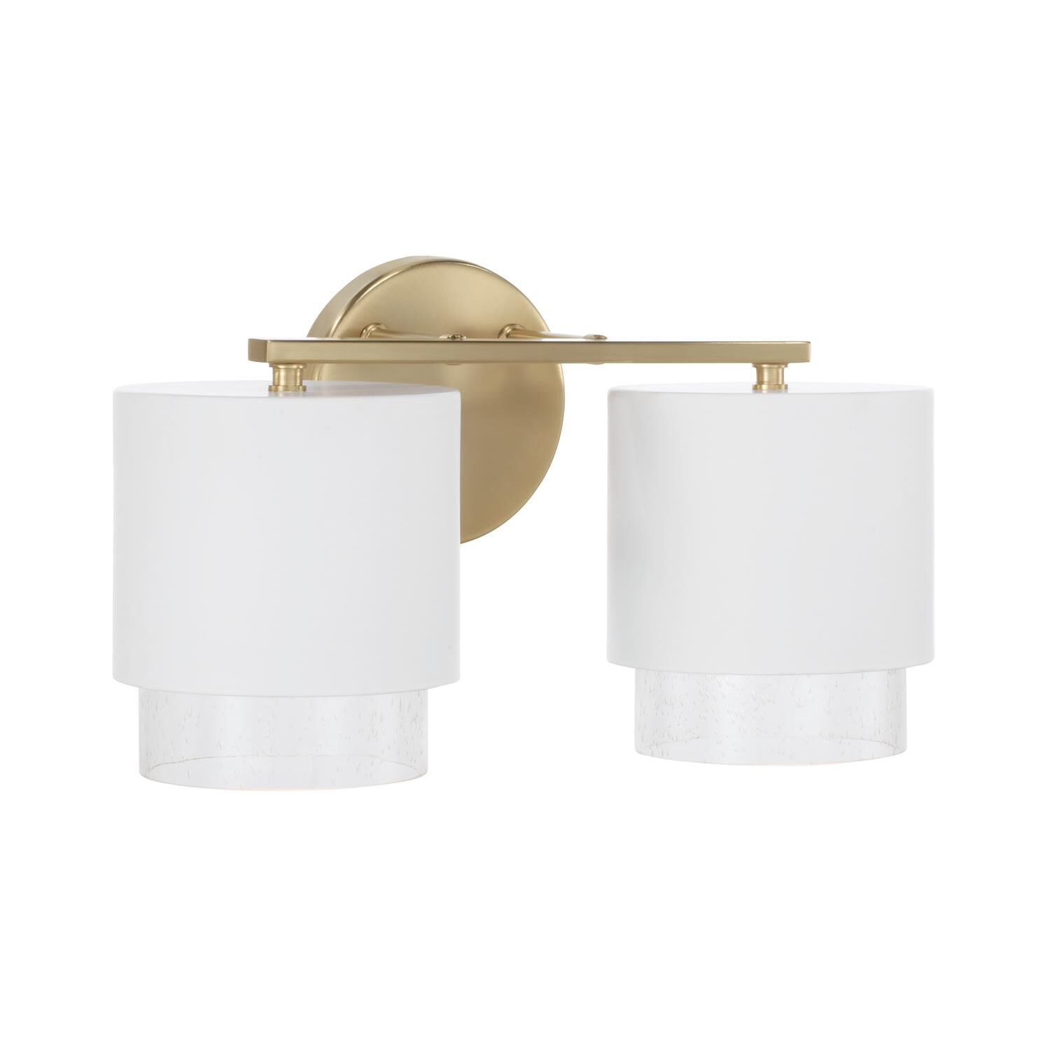 Shown in Matte Brass and White finish and Clear Seeded glass and Metal with Brass Interior shade