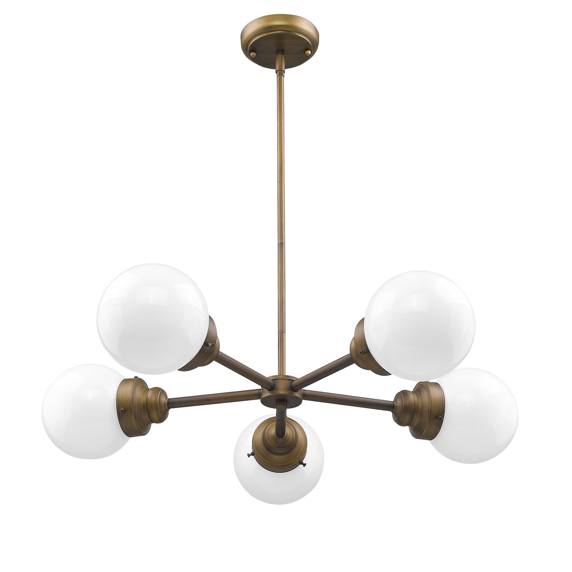 Shown in Raw Brass finish and Opal glass and Opal, Glass Globes shade