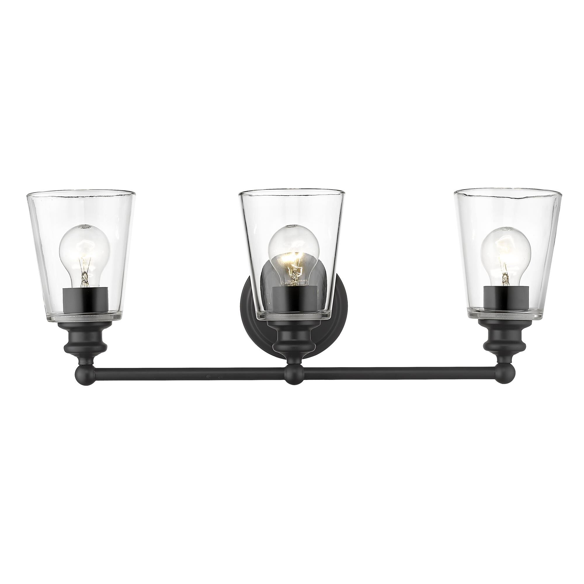 Shown in Matte Black finish and Clear glass and Clear, Cone Shaped Glass shade