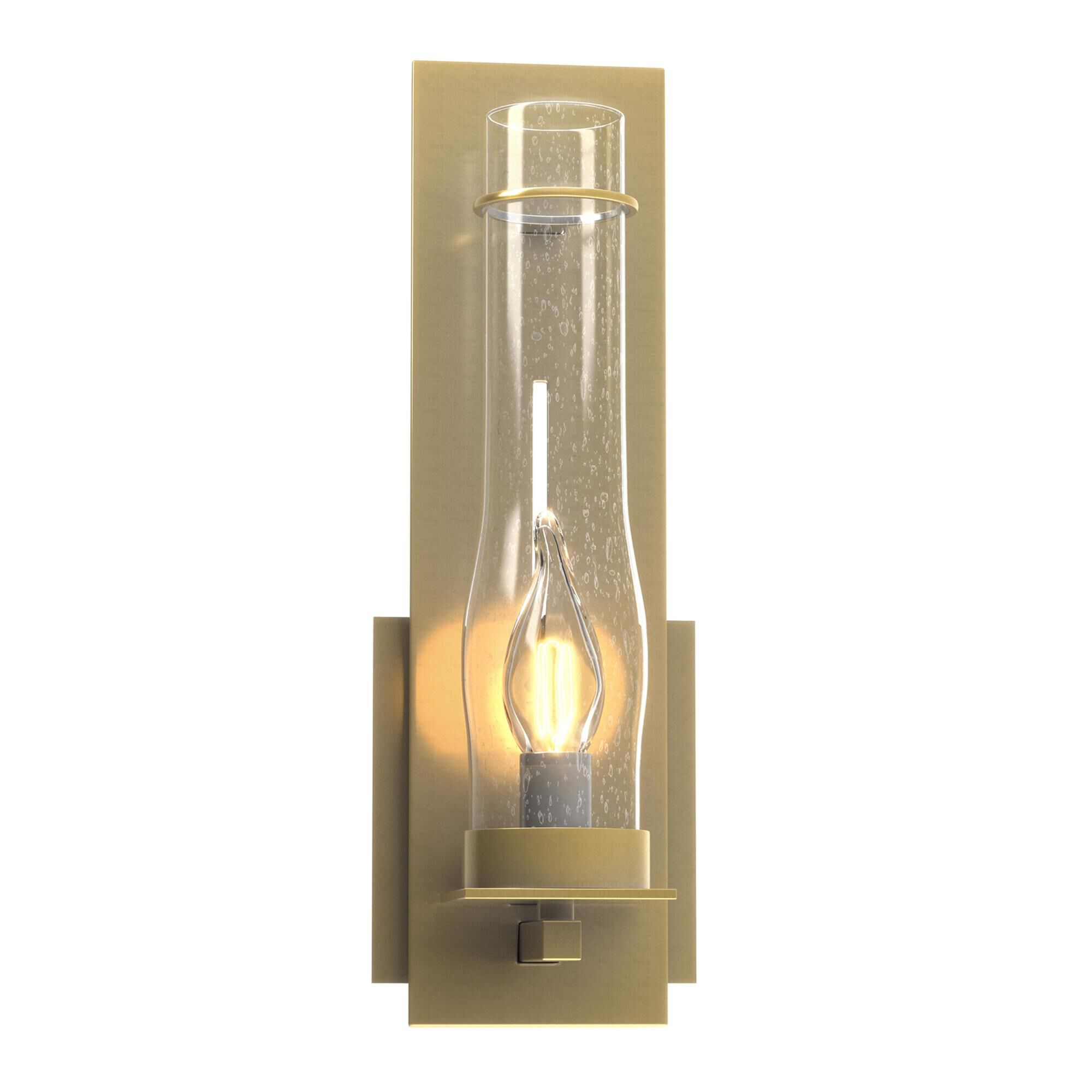 Shown in Modern Brass finish and Seeded Clear glass