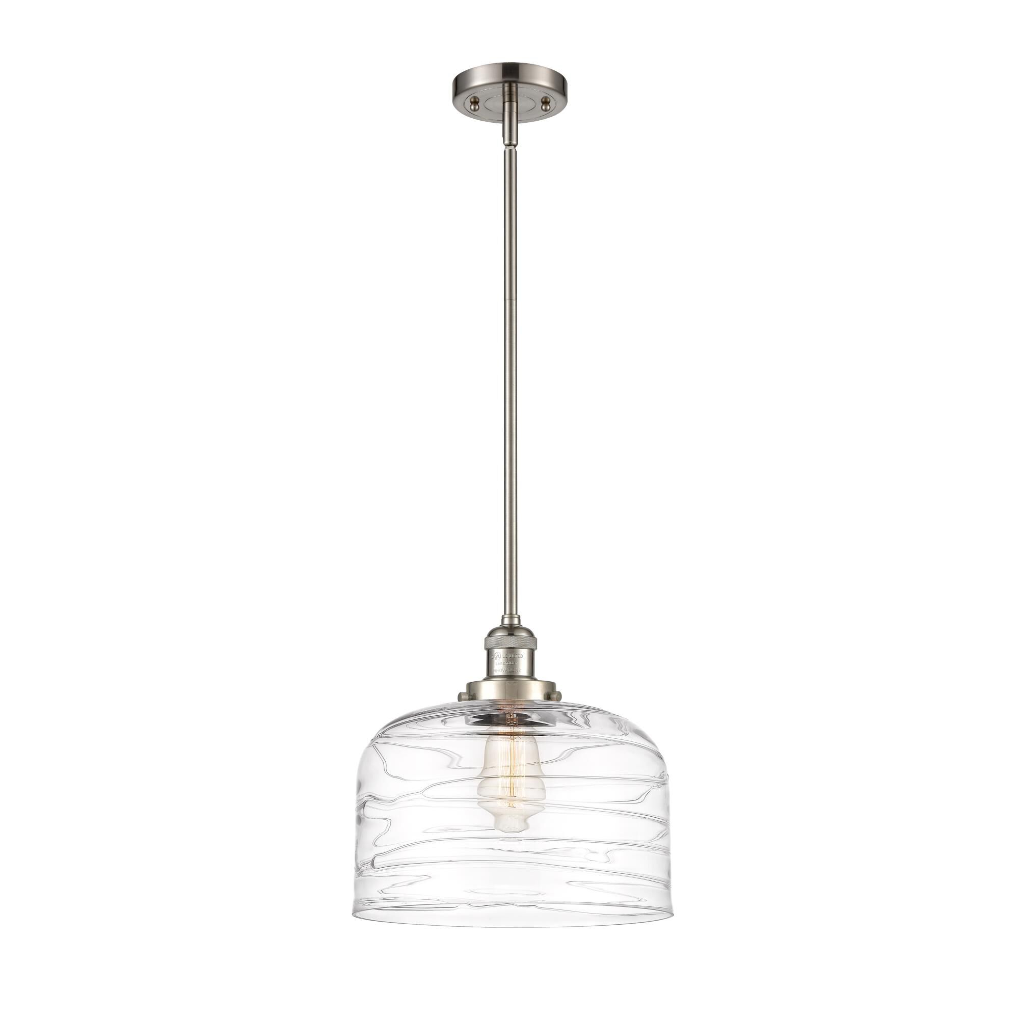 Shown in Brushed Satin Nickel finish and Clear Deco Swirl X-Large Bell glass