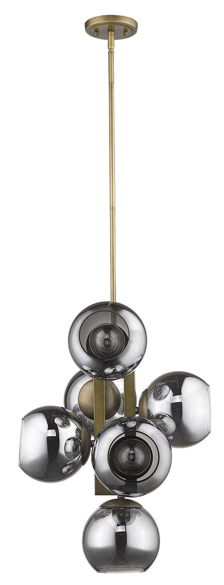 Shown in Aged Brass finish and Smoke glass and Smoke Glass Globes shade