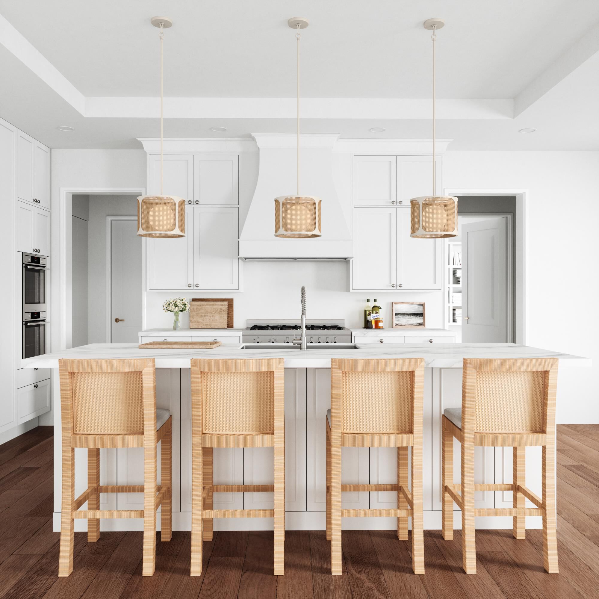 Shown in White finish and Natural Wicker with Opal White glass