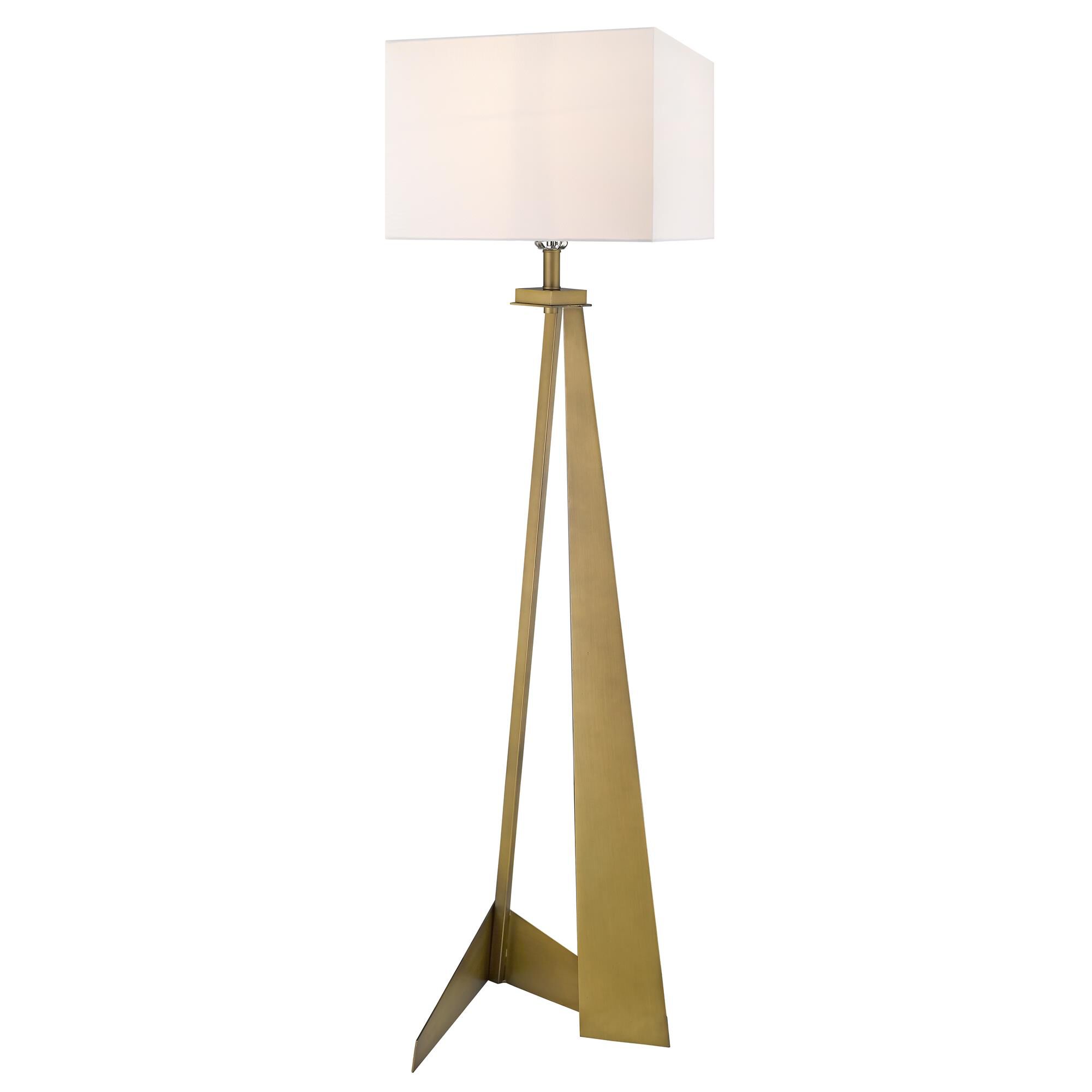 Shown in Aged Brass finish and White glass and White Linen Hardback shade