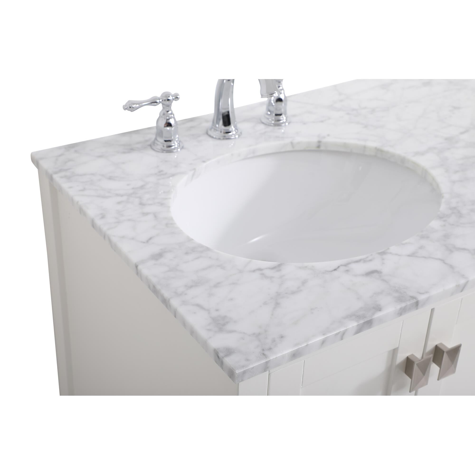 Shown in White And Brushed Nickel With Carrara White Marble finish