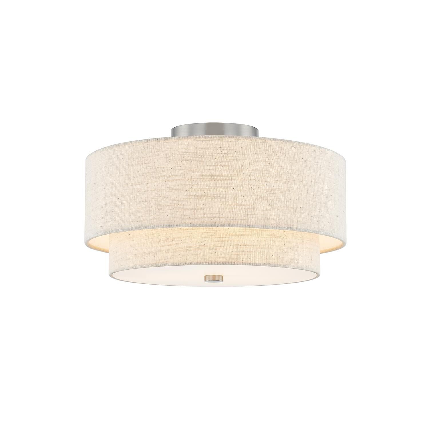 Shown in Brushed Nickel finish and Cream Woven Fabric shade