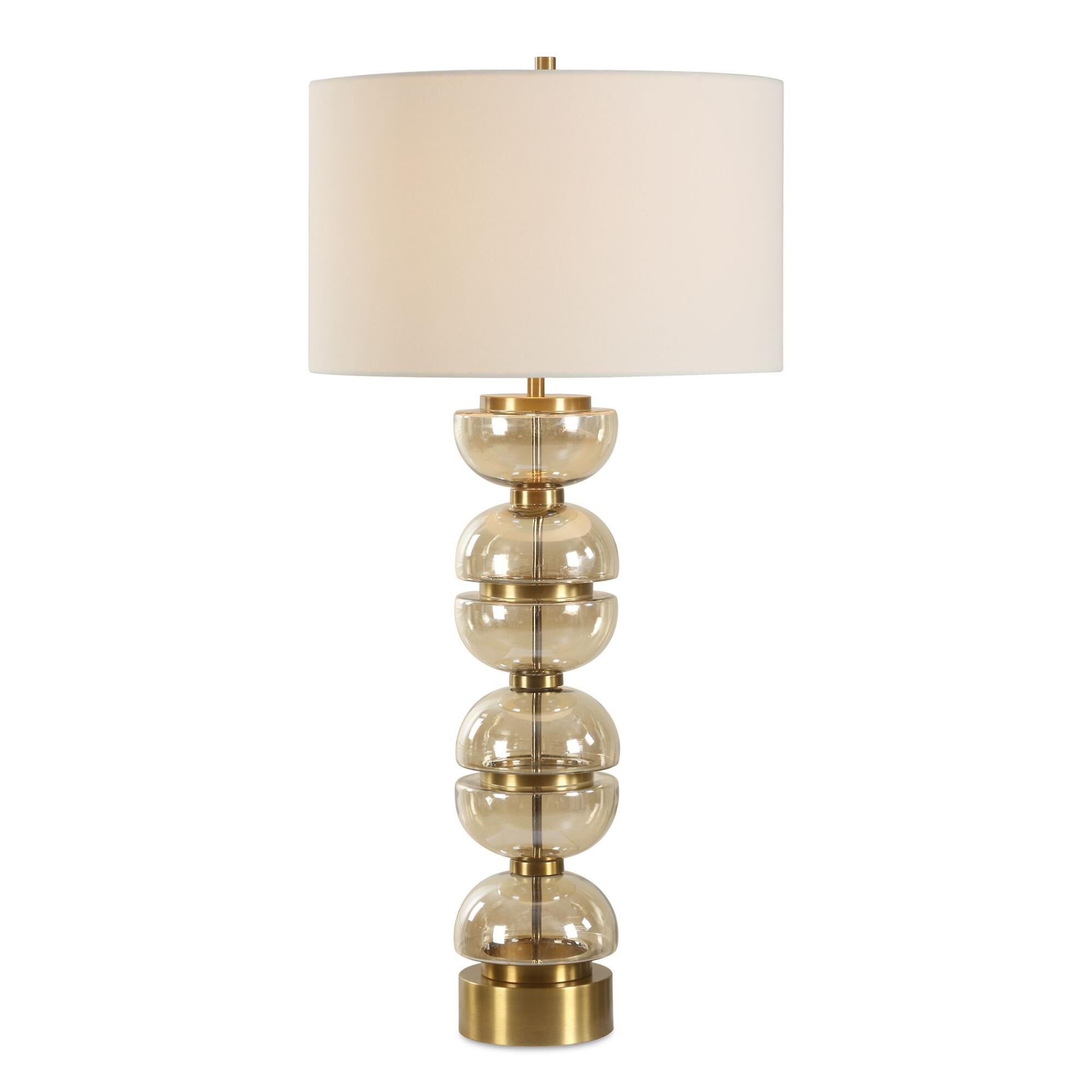 Shown in Brass, Brown, Gold finish and Round Drum Hardback shade