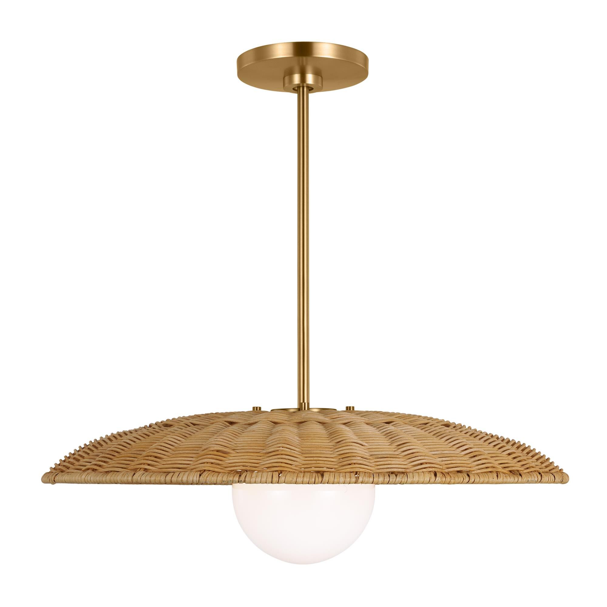 Shown in Burnished Brass finish and Milk Glass Diffuser And Natural Rattan shade