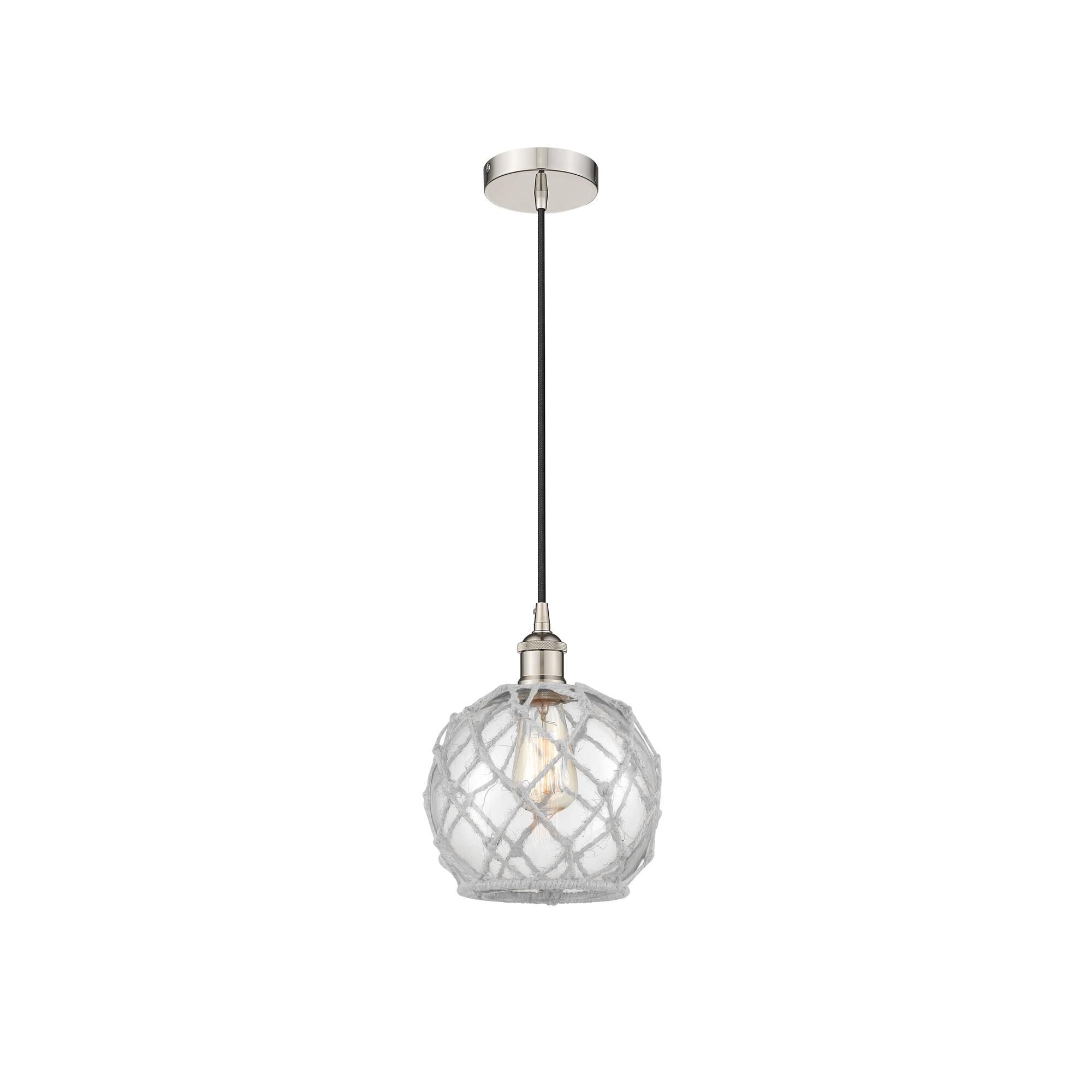 Shown in Polished Nickel finish and Clear Farmhouse With White Rope glass