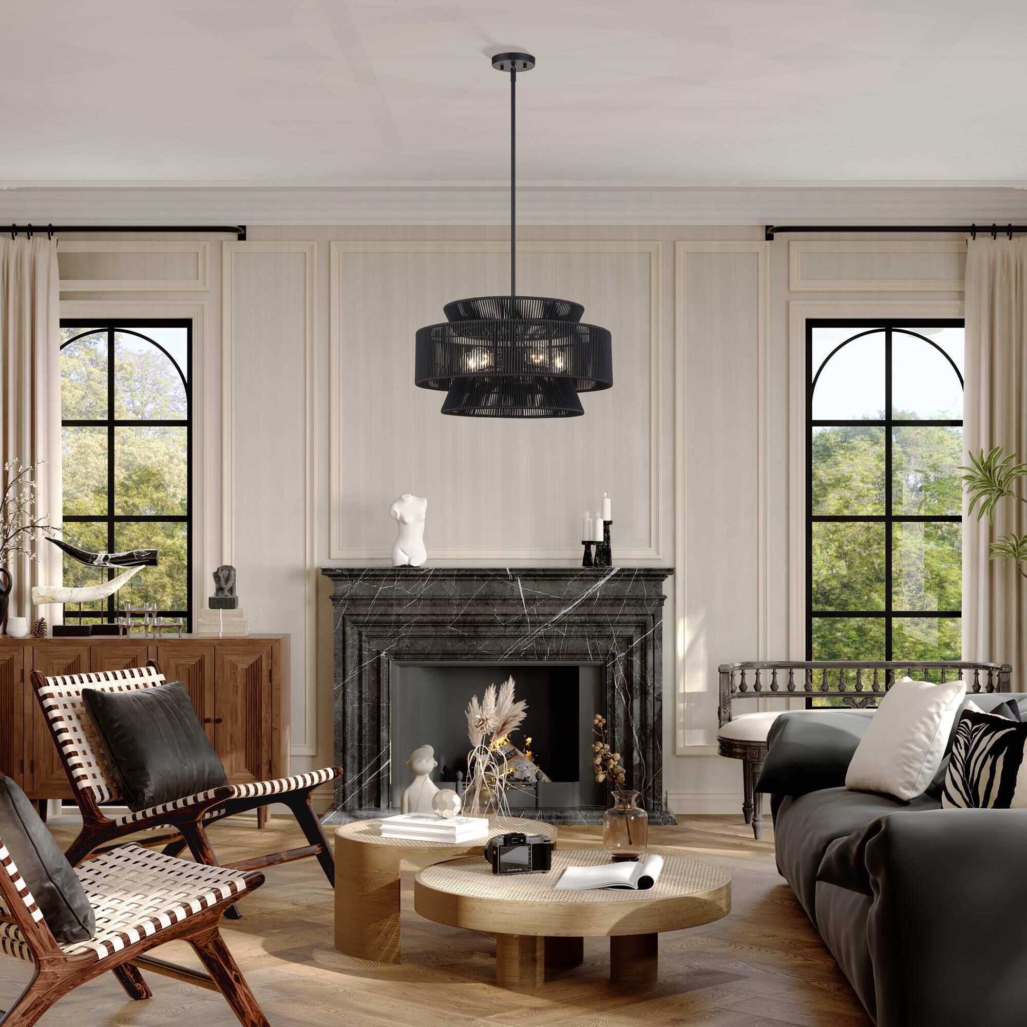 Shown in Black finish and Hand-Woven Parisian Night Color Polyester Rope shade