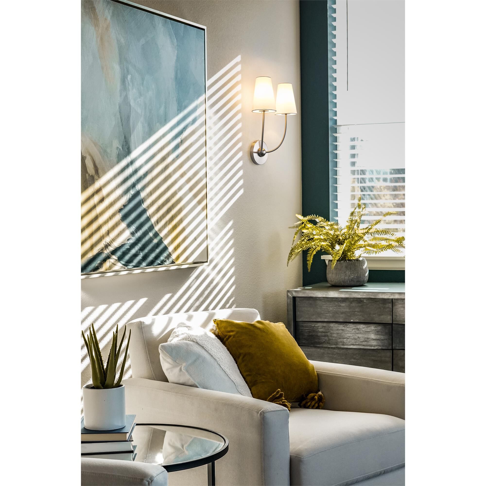 Shown in Brushed Nickel finish and White glass