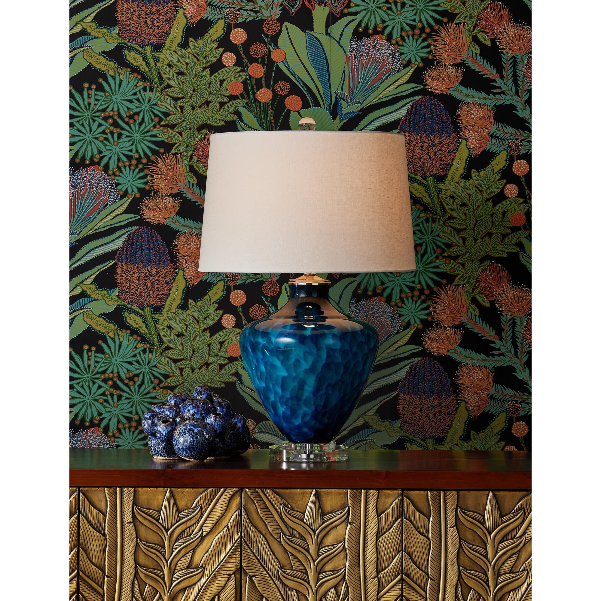 Shown in Blue and Clear finish and Off-White Linen/Hardback/Rolled Edge shade