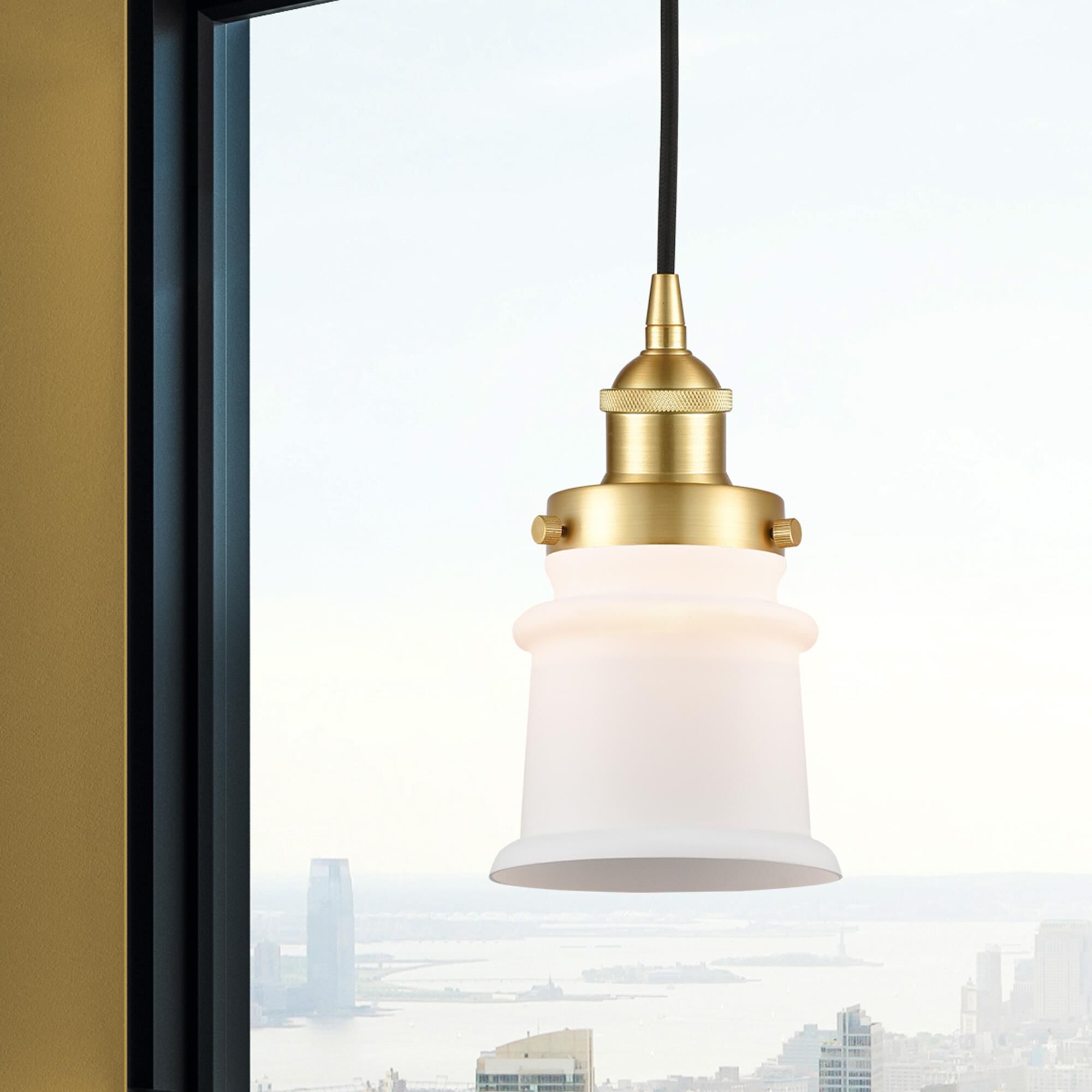 Shown in Satin Gold finish and Matte White glass