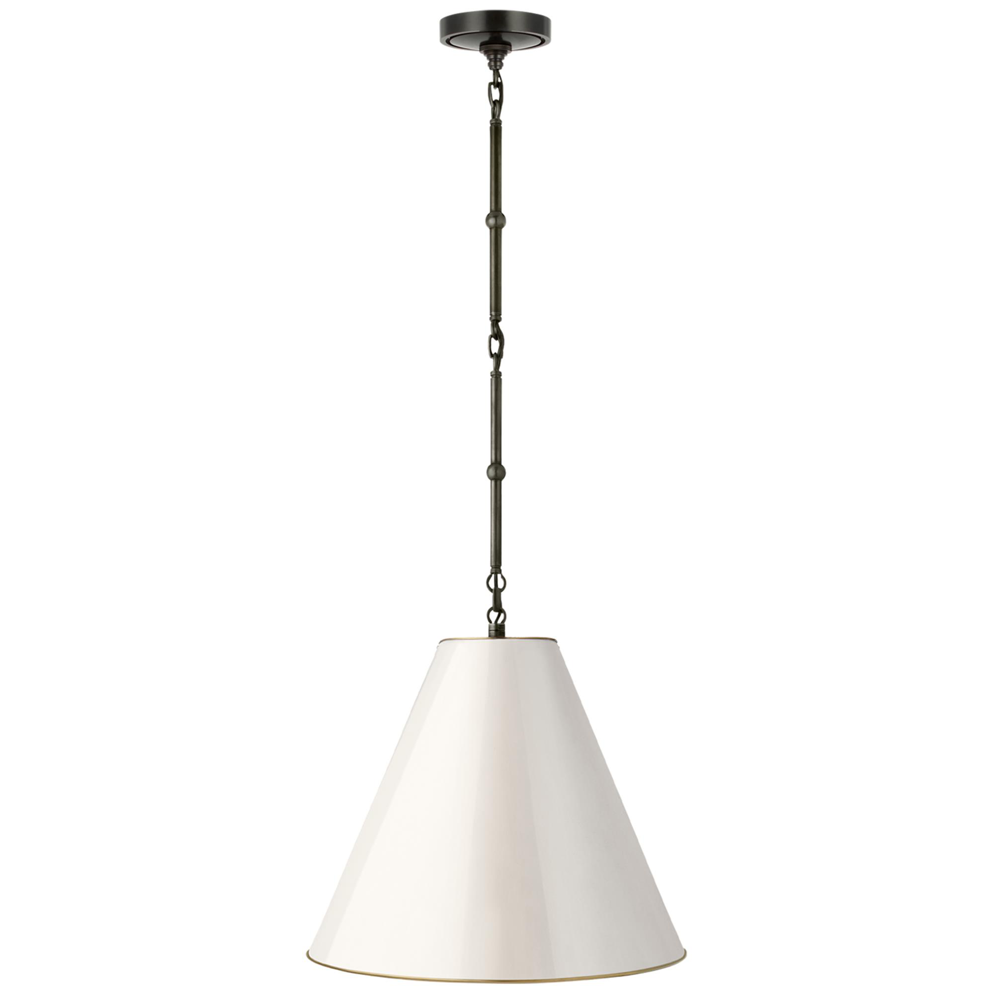 Shown in Bronze finish and Antique White With Brass Interior shade