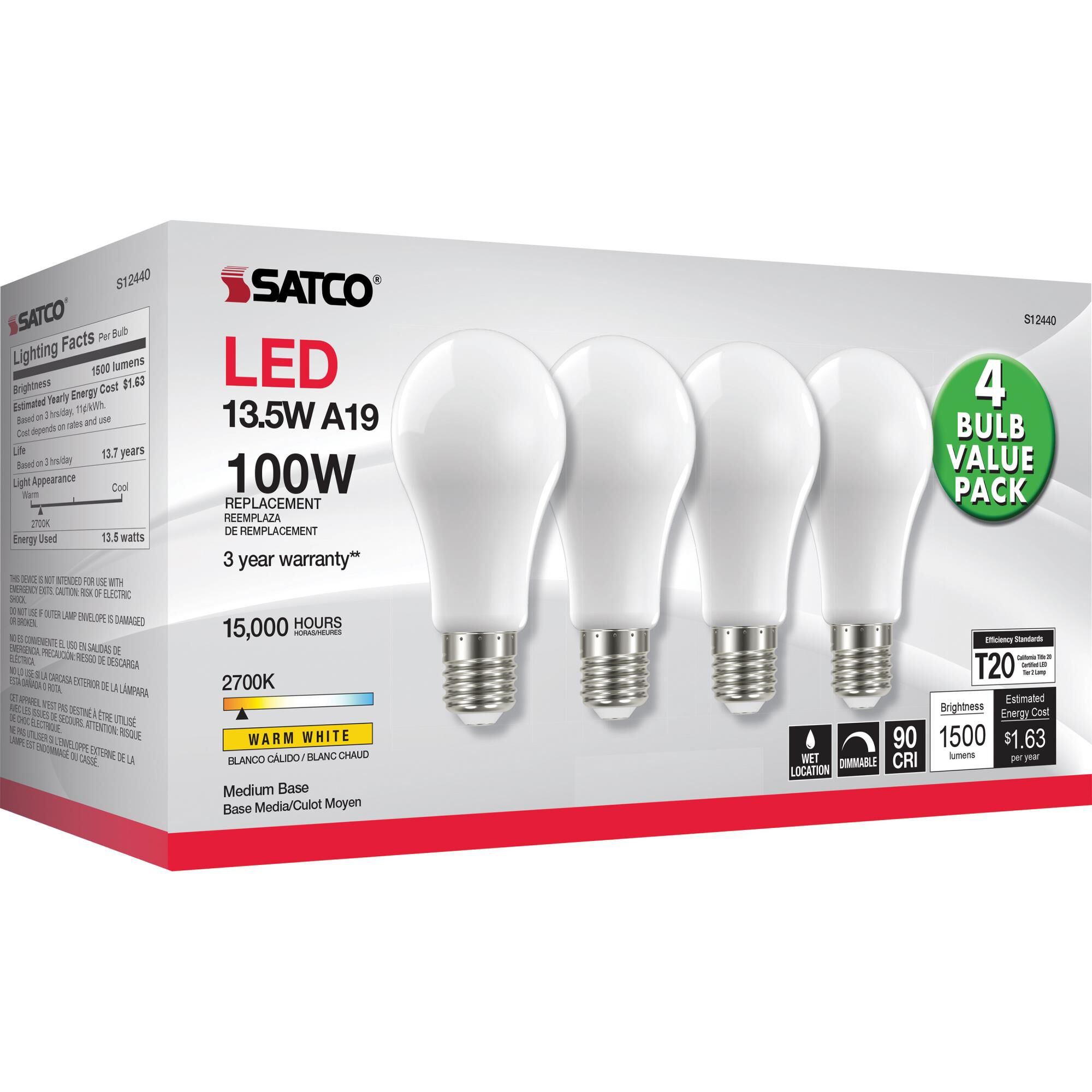 Dimmable 13.5 Watt 2700K A19 LED Light Bulb by Satco