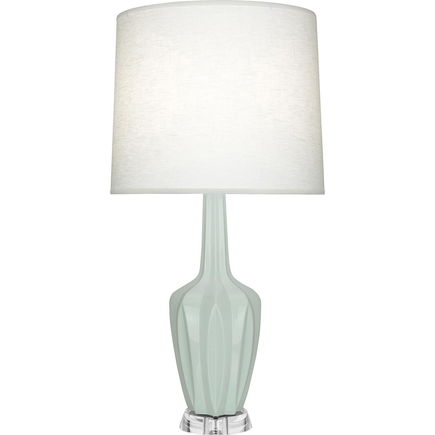 Shown in Celadon finish and Off White shade and Polished Nickel with Lucite accent