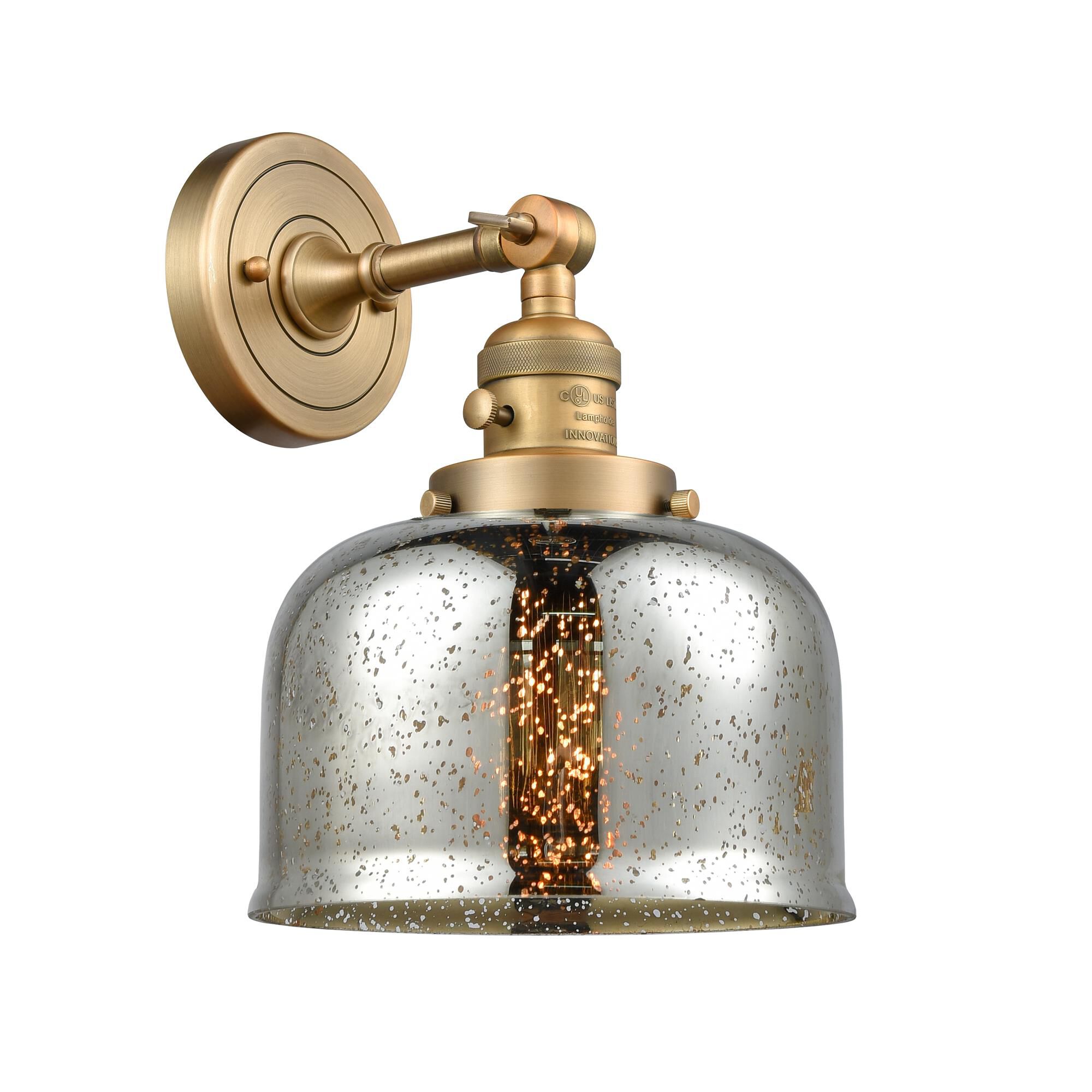 Shown in Brushed Brass finish and Silver Plated Mercury Large Bell glass and Switch on Socket accent