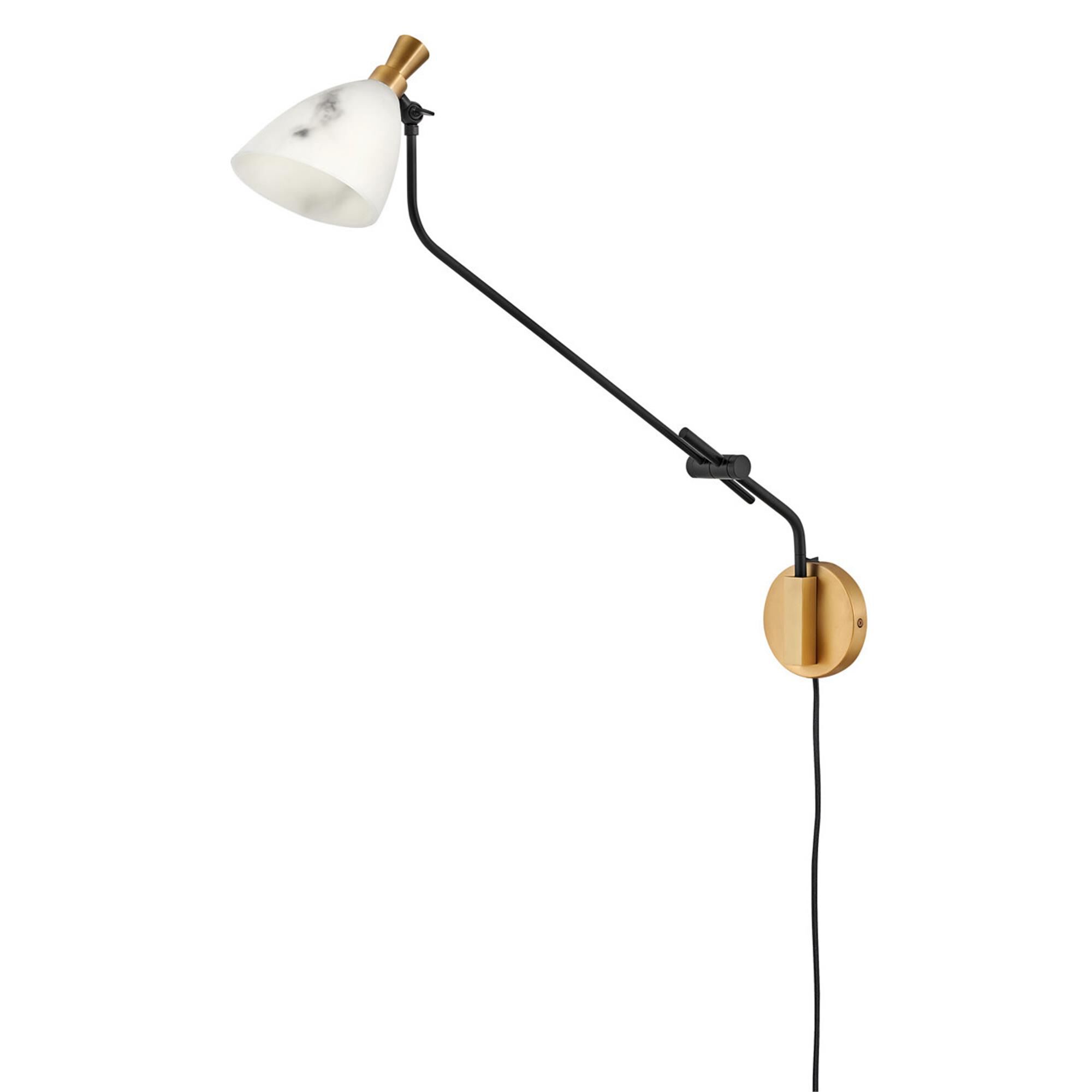 Shown in Heritage Brass finish and Faux Alabaster glass and Black accent