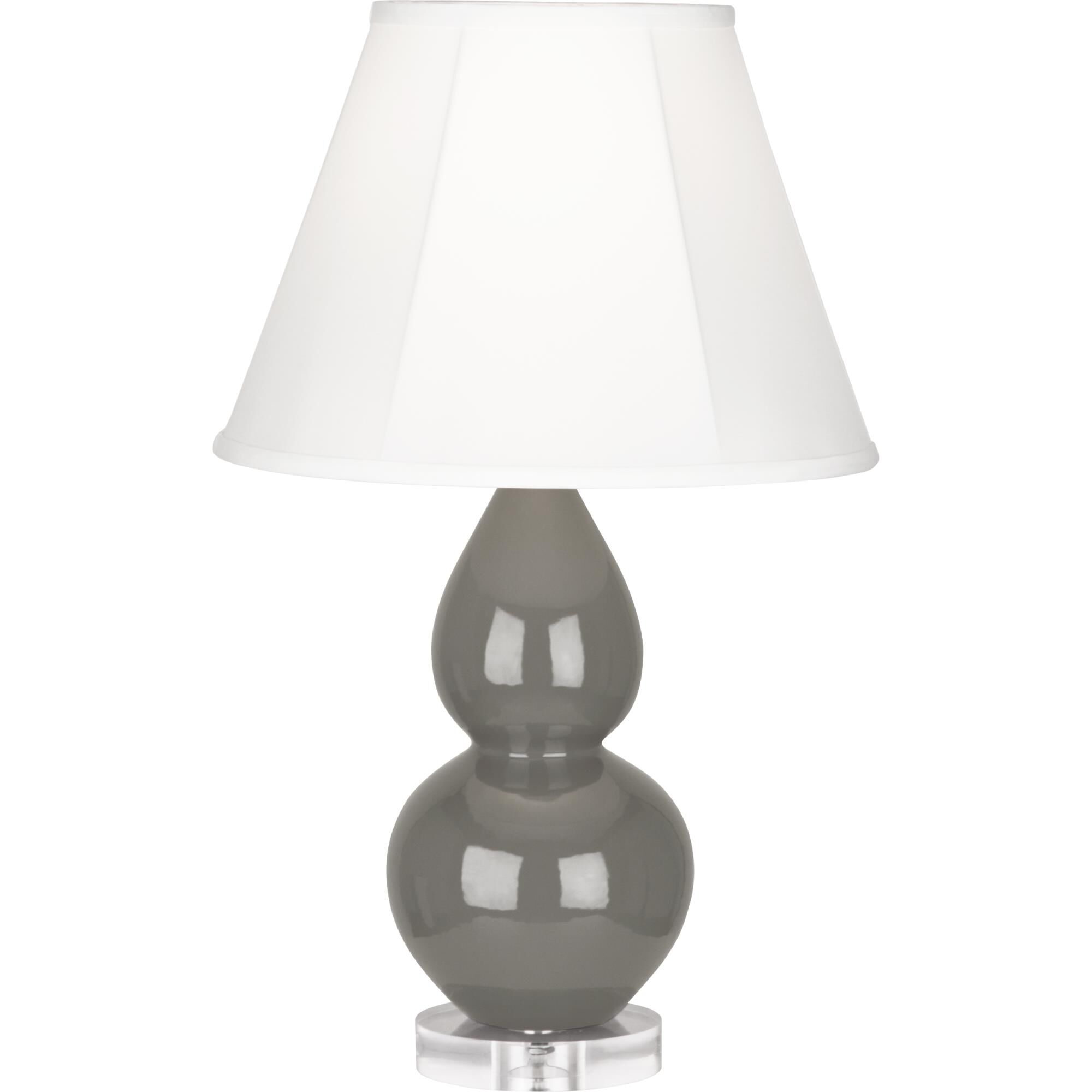 Shown in Ash Glazed Ceramic With Lucite Base finish and Ivory Stretched Fabric shade
