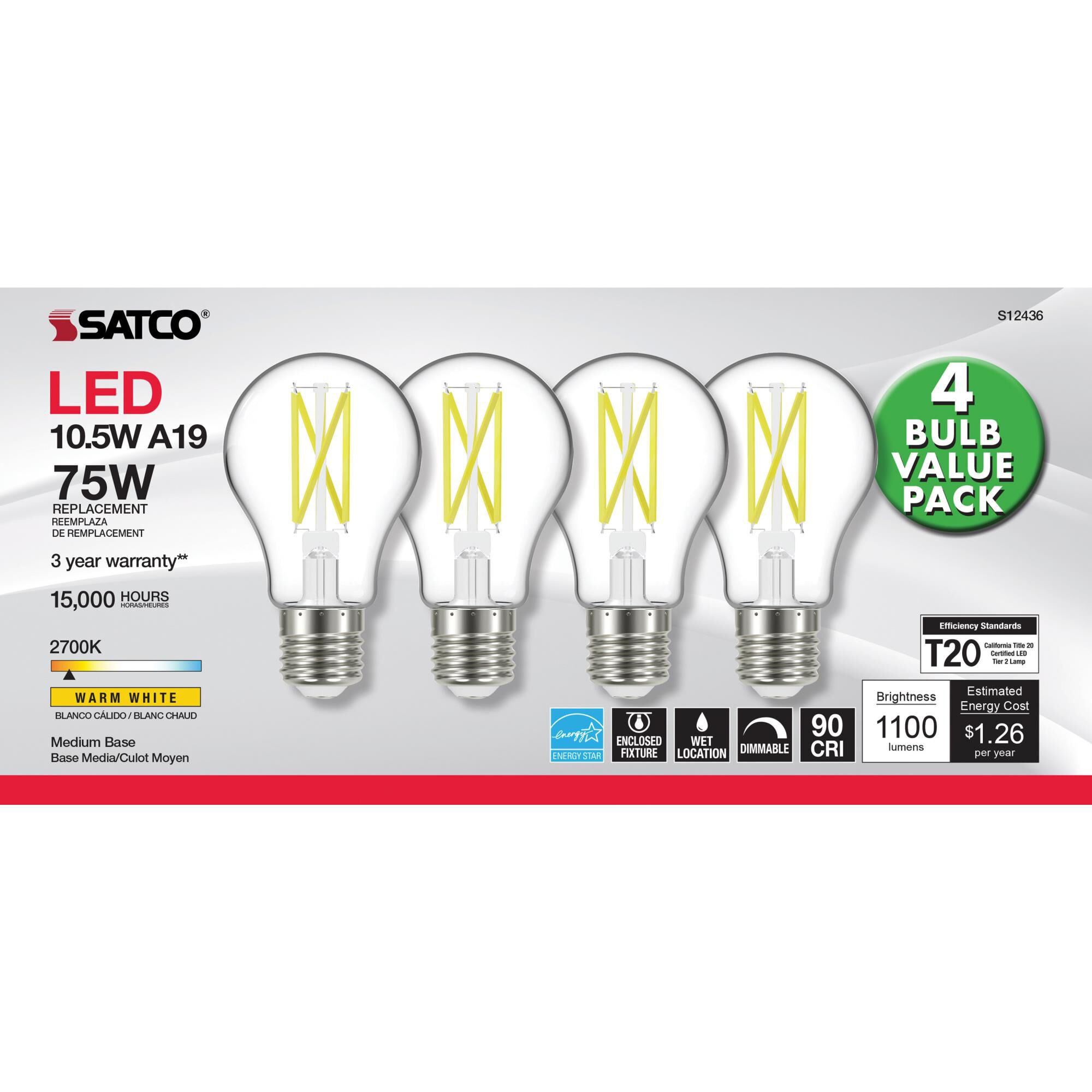 Dimmable 10.5 Watt 2700K A19 LED Light Bulb by Satco