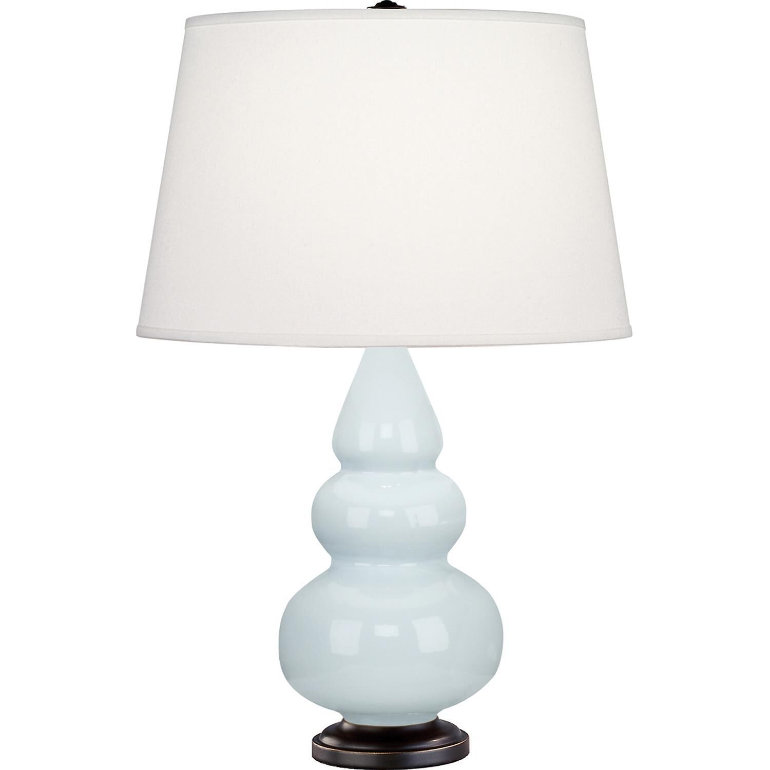 Shown in Baby Blue Glazed Ceramic With Deep Patina Bronze ed Accents finish and Pearl Dupioni Fabric shade