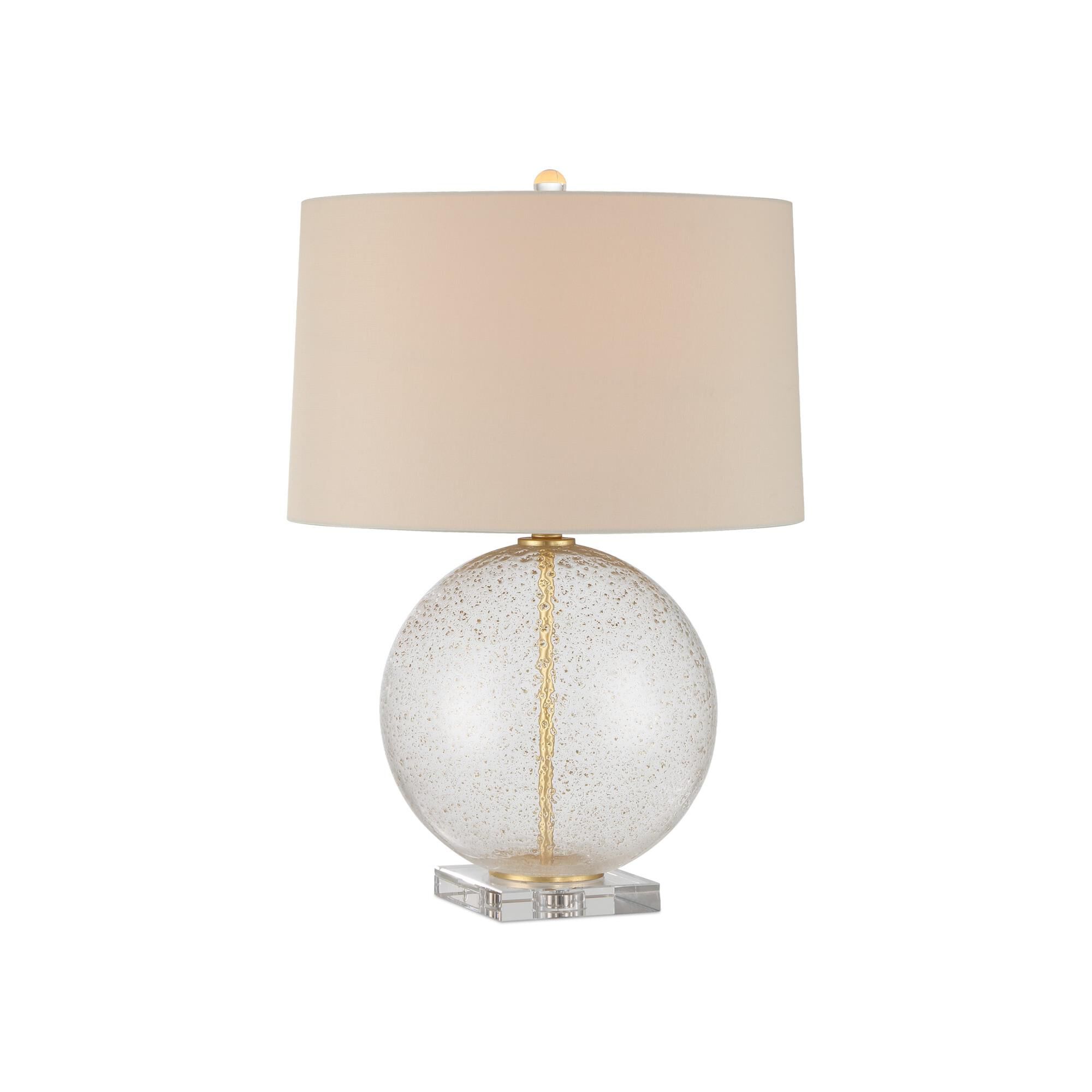 Shown in Clear with Gold Speckles and Contemporary Gold Leaf finish and Beige Polyester/Gold Fabric Lining shade