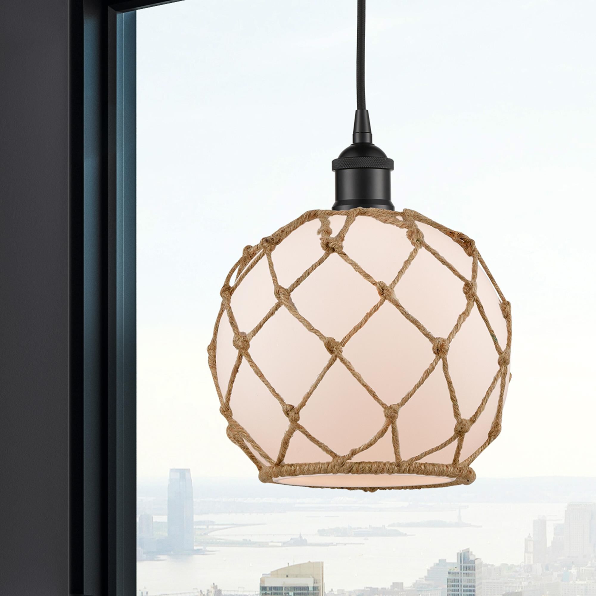 Shown in Matte Black finish and White Farmhouse With Brown Rope glass