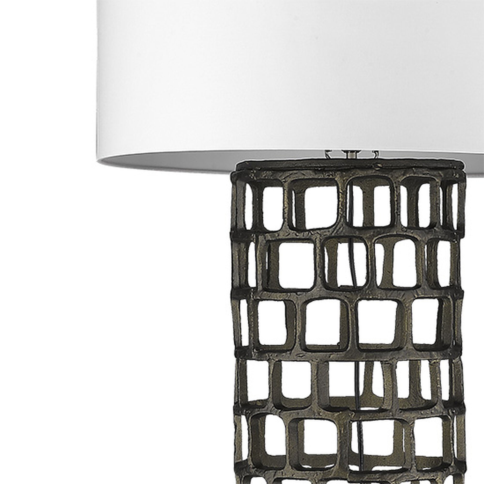 Shown in Black Gold finish and White glass and White Fabric Drum shade