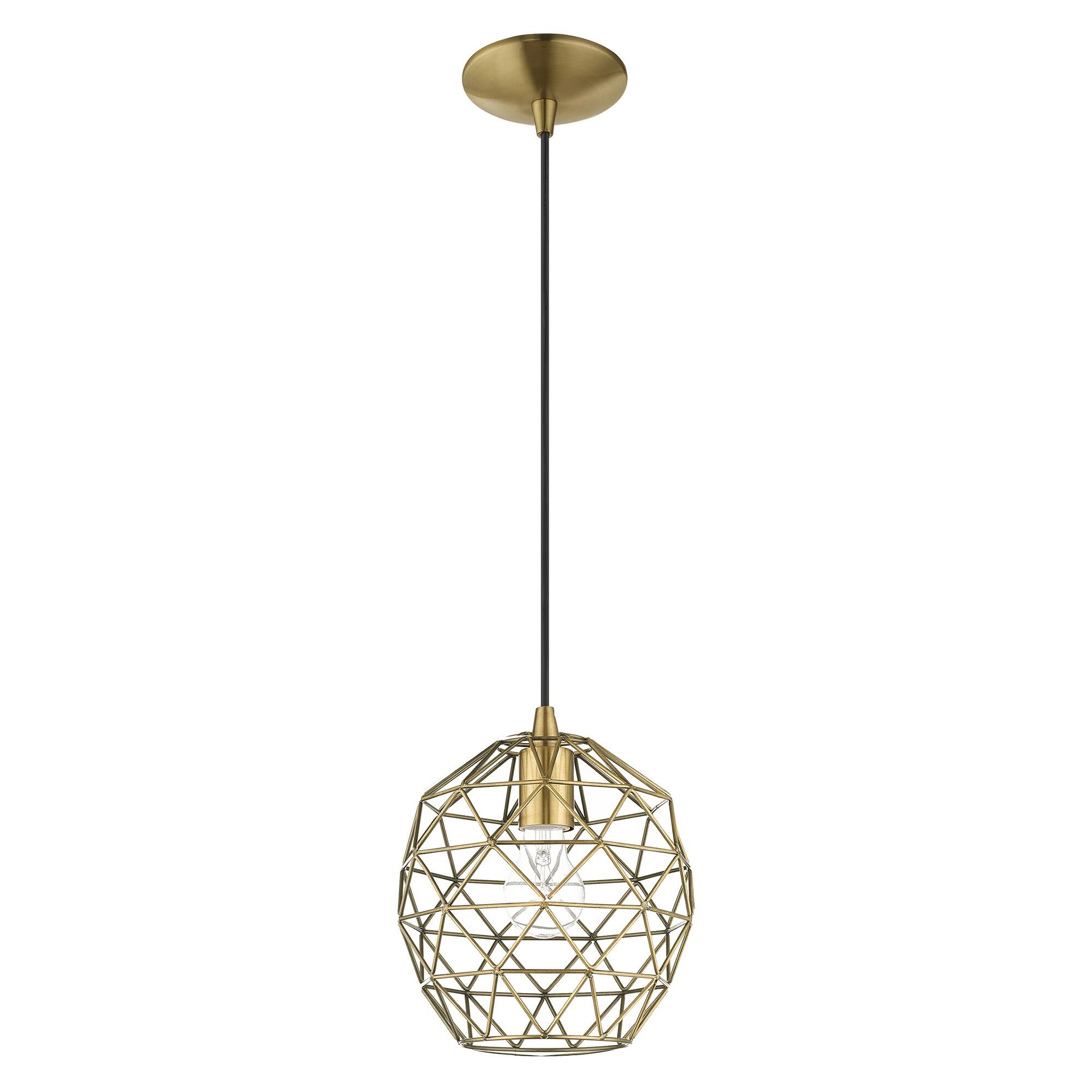 Shown in Antique Brass finish and Antique Brass Geometric Metal shade