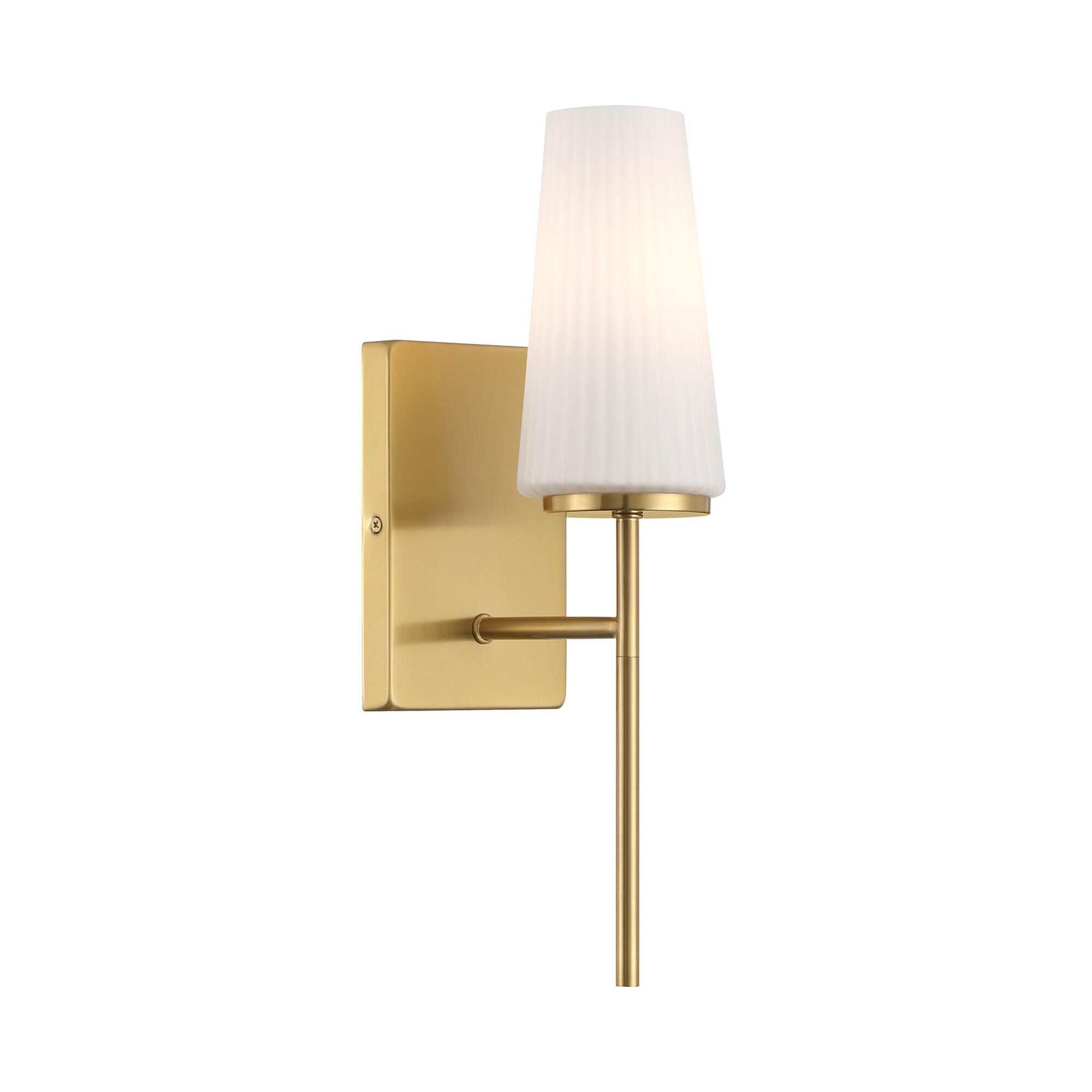 Shown in Natural Brass finish and Fluted White Opal glass and Glass shade