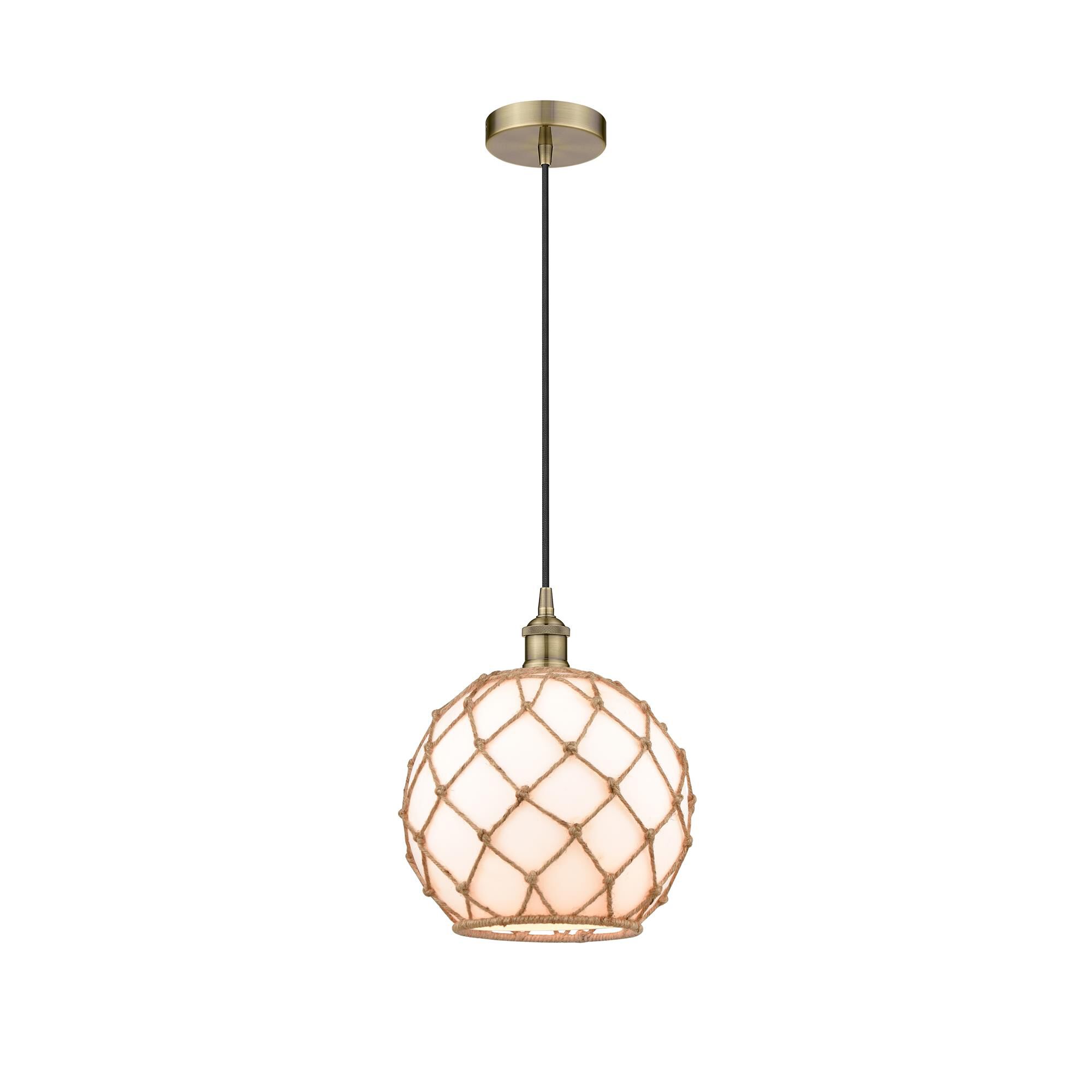 Shown in Antique Brass finish and White Large Farmhouse With Brown Rope glass