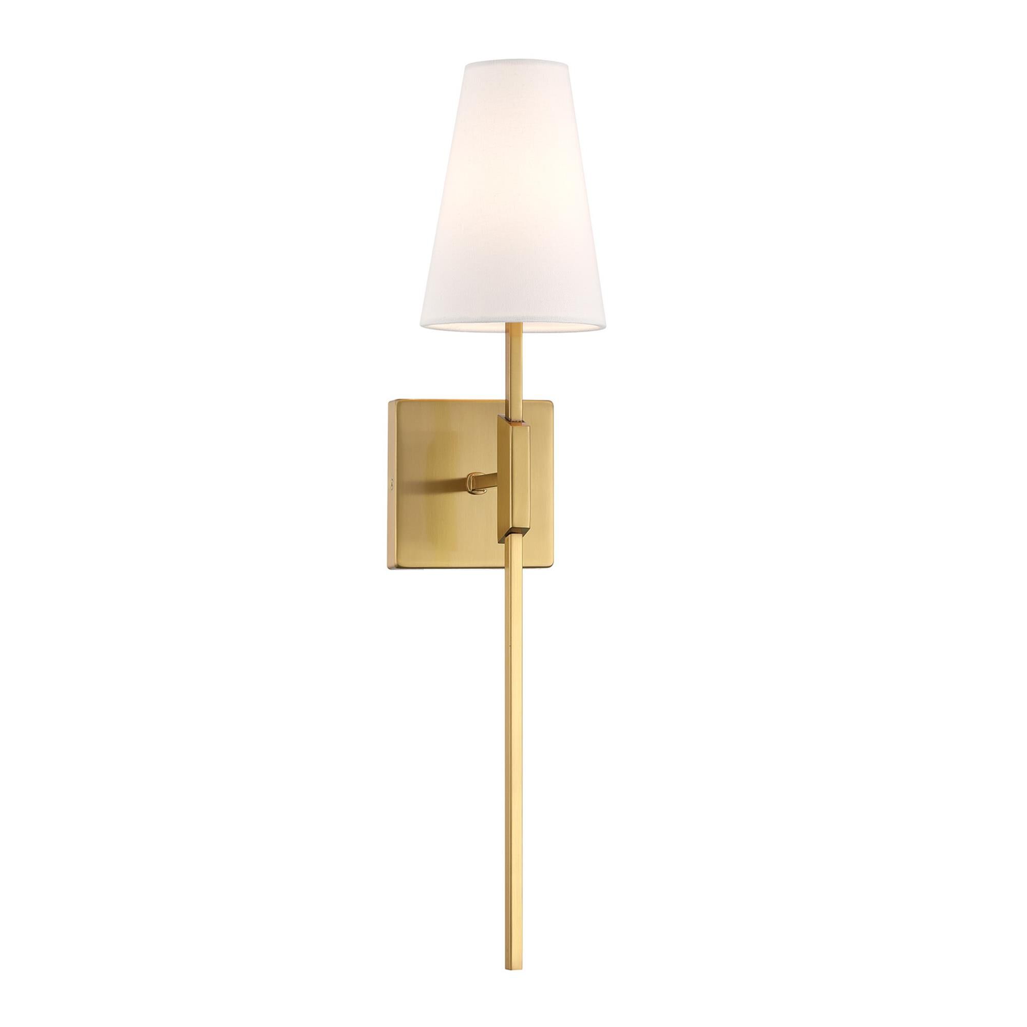 Shown in Natural Brass finish and White Linen Fabric shade