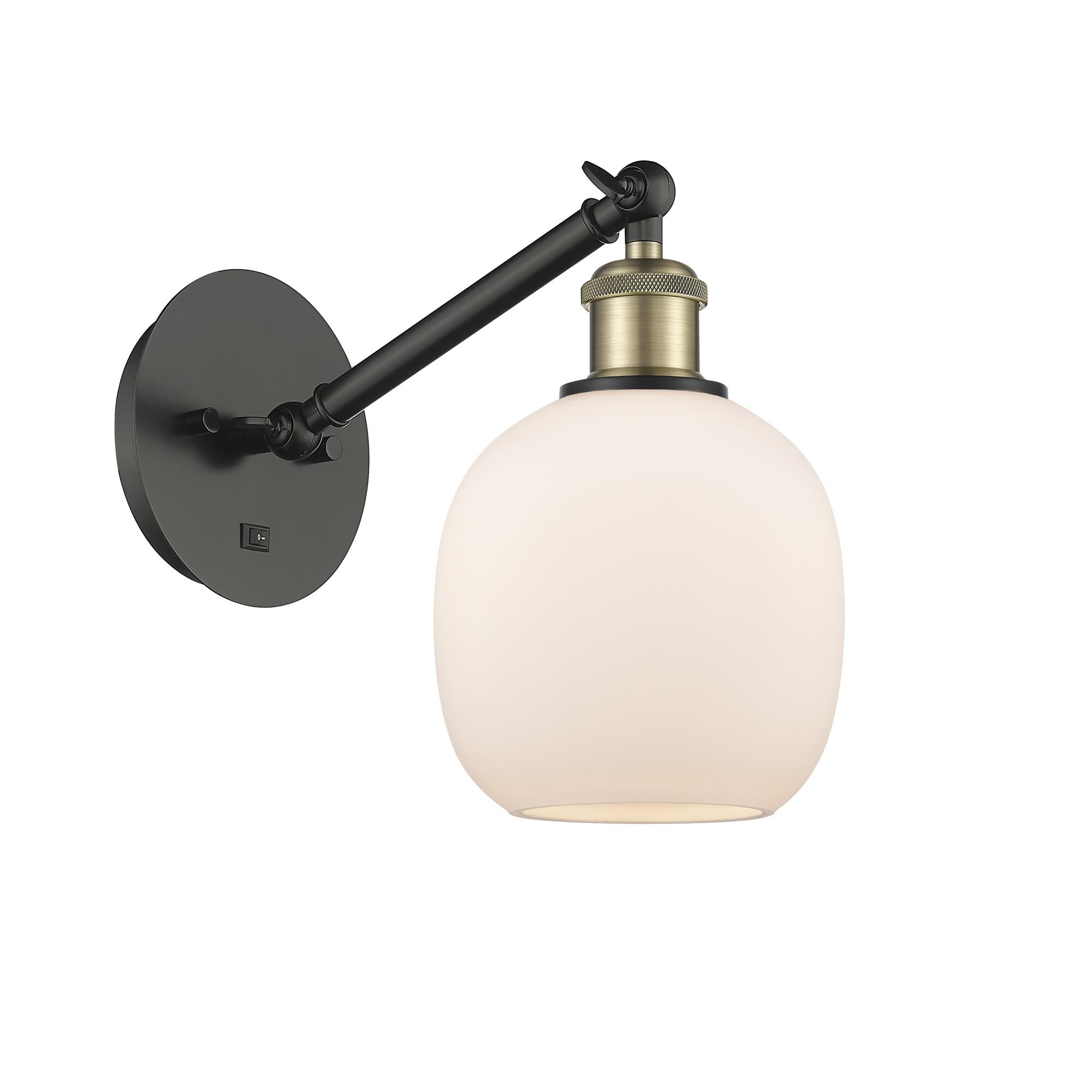 Shown in Black Antique Brass finish and Matte White Belfast glass