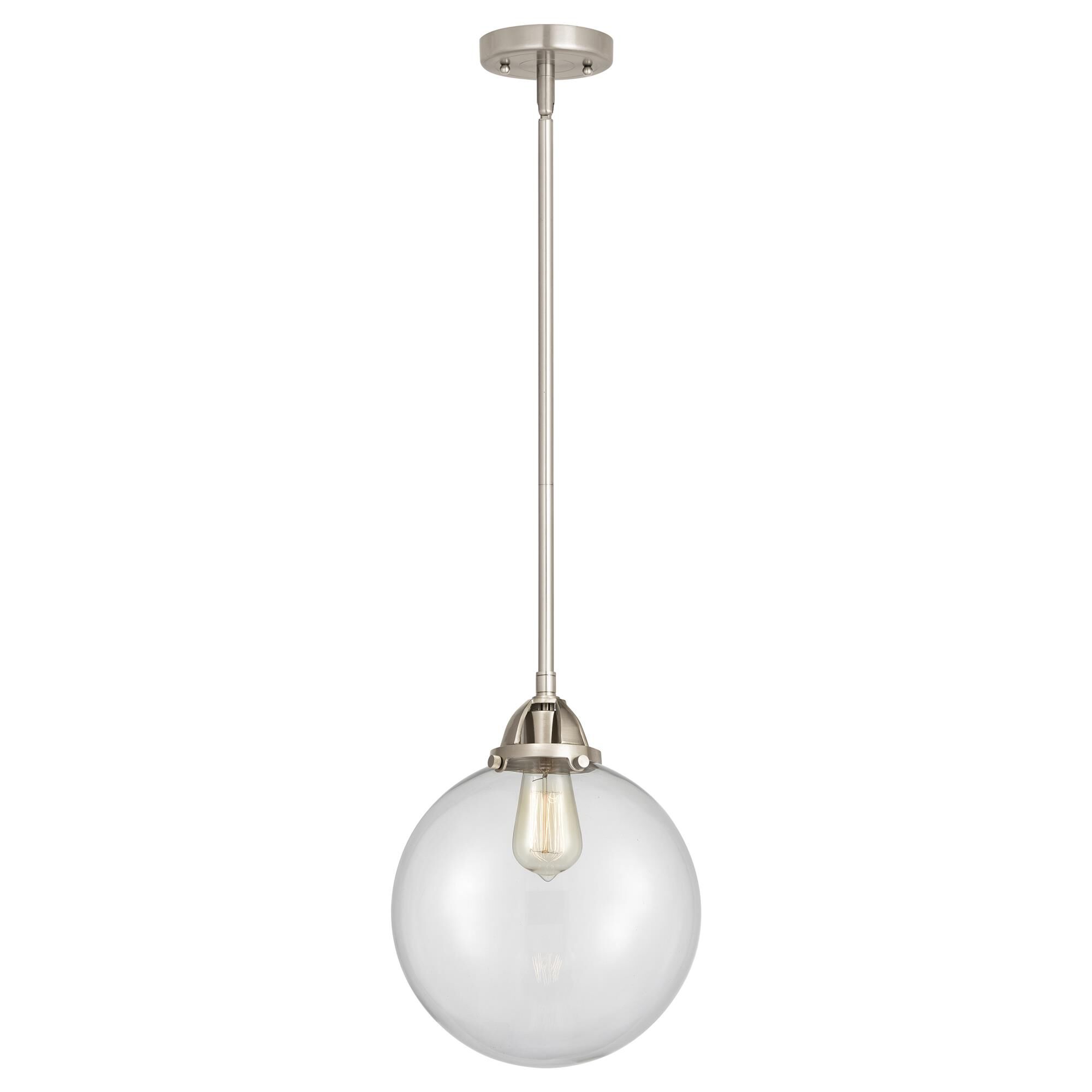Shown in Brushed Satin Nickel finish and Clear Beacon glass and No Shade shade