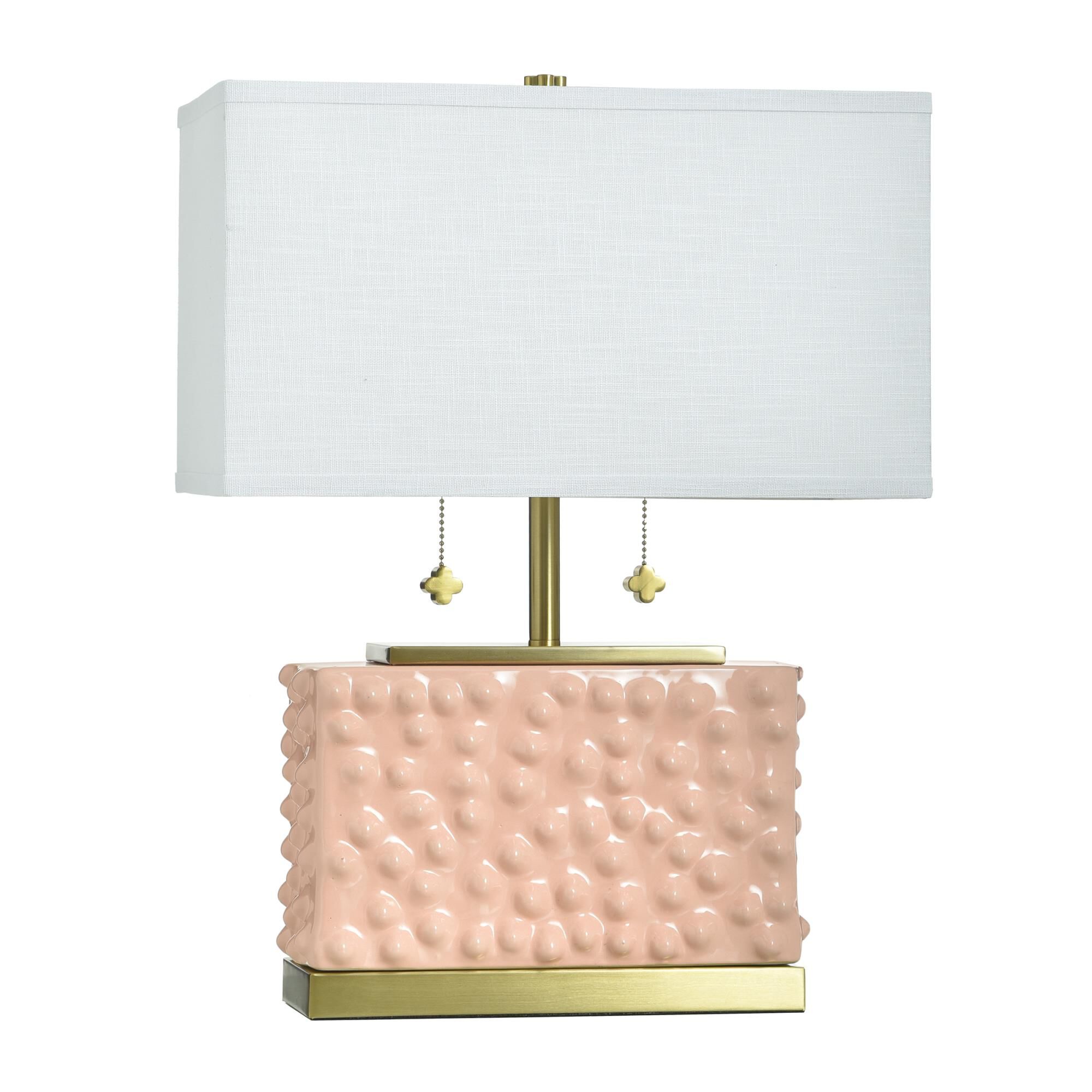 Shown in Pearl Blush and Polished Brass finish and Off-White shade