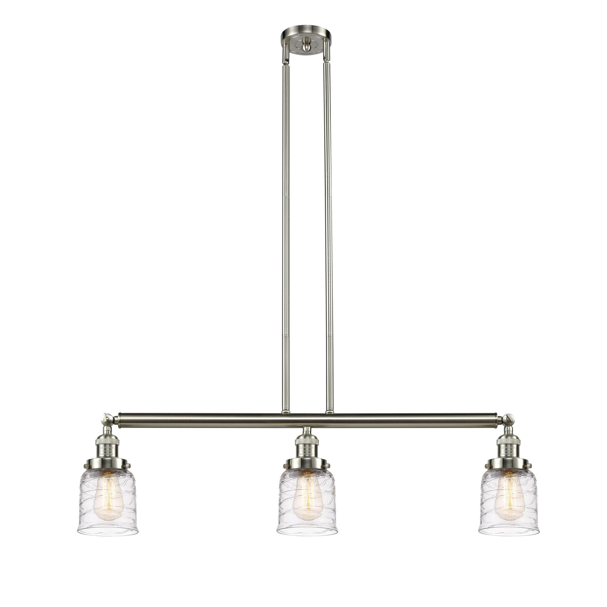 Shown in Brushed Satin Nickel finish and Clear Deco Swirl Small Bell glass