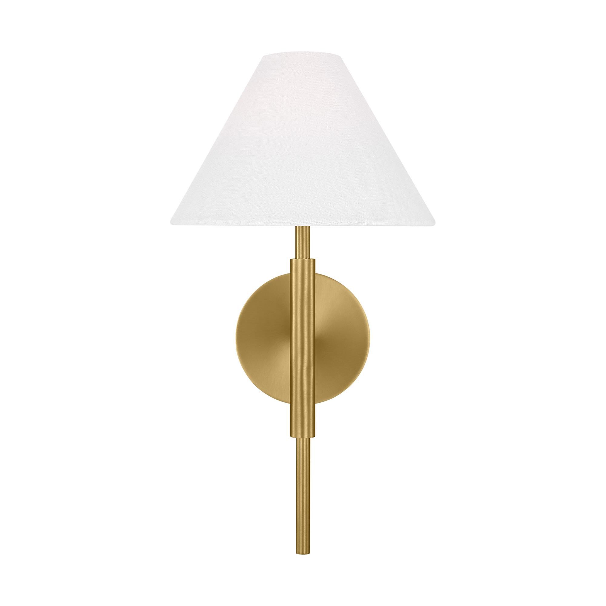 Shown in Satin Brass finish and White Linen Fabric shade