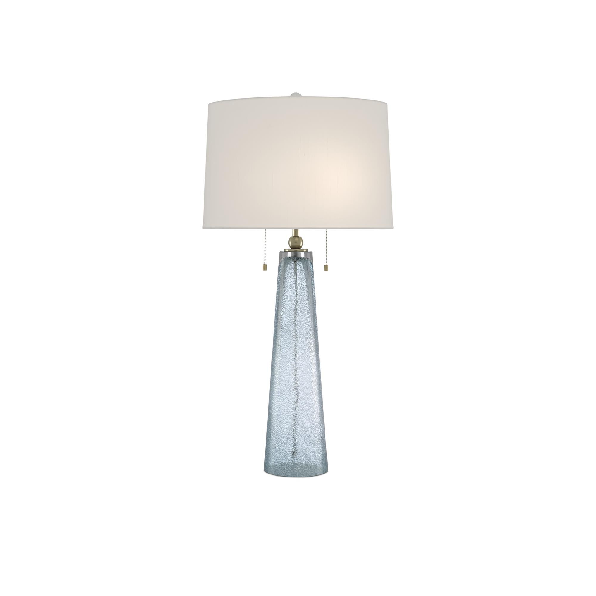 Shown in Blue - Brass finish and Off White Shantung shade