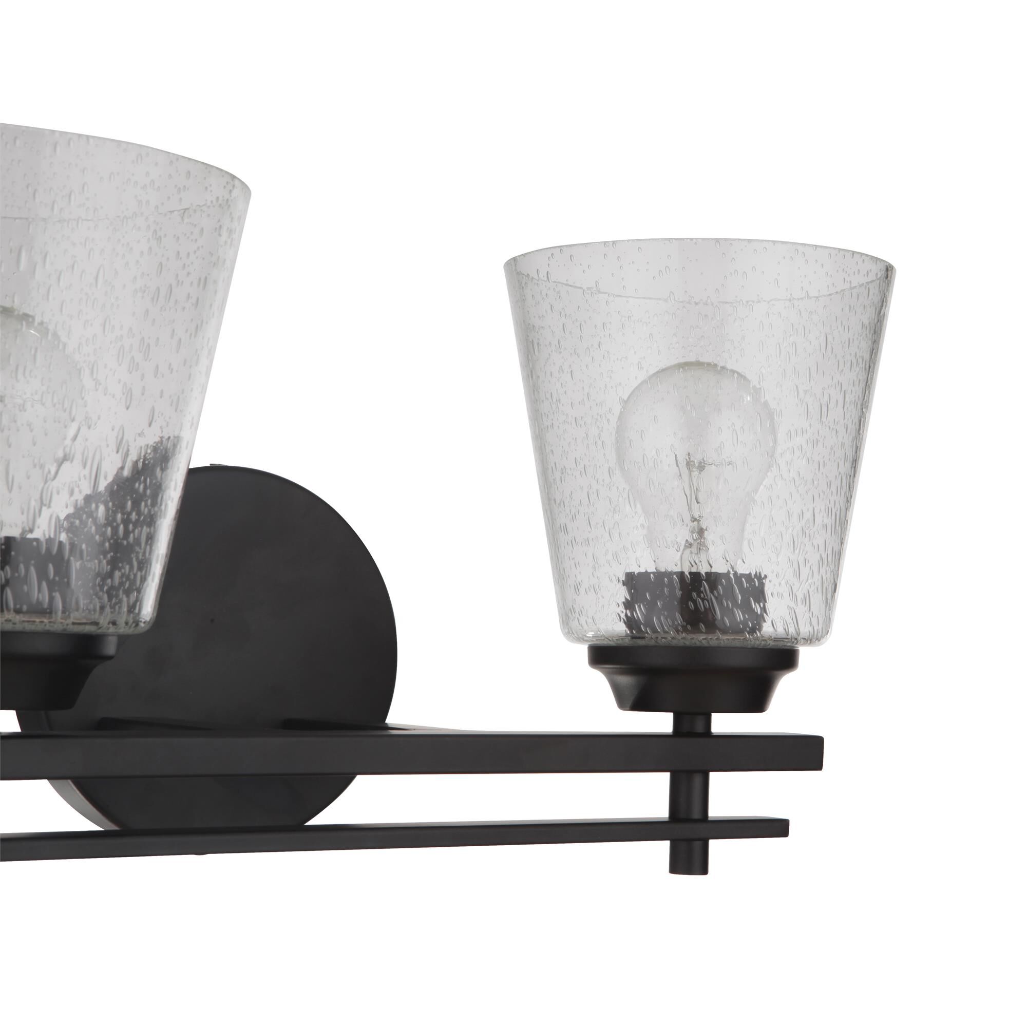 Shown in Flat Black finish and Clear Seeded glass and Glass shade
