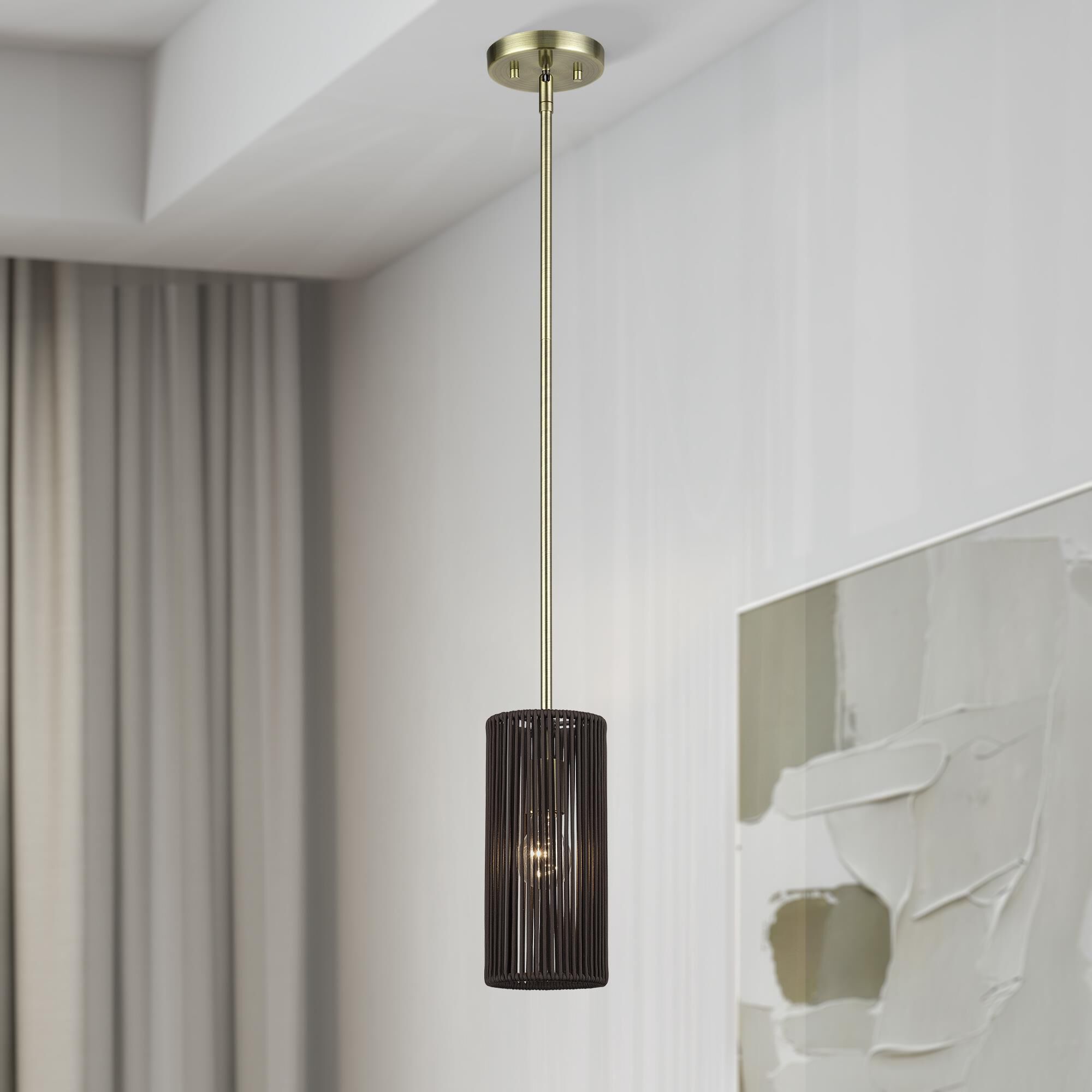 Shown in Antique Brass finish and Hand-Woven Dark Chocolate Color Polyester Rope shade