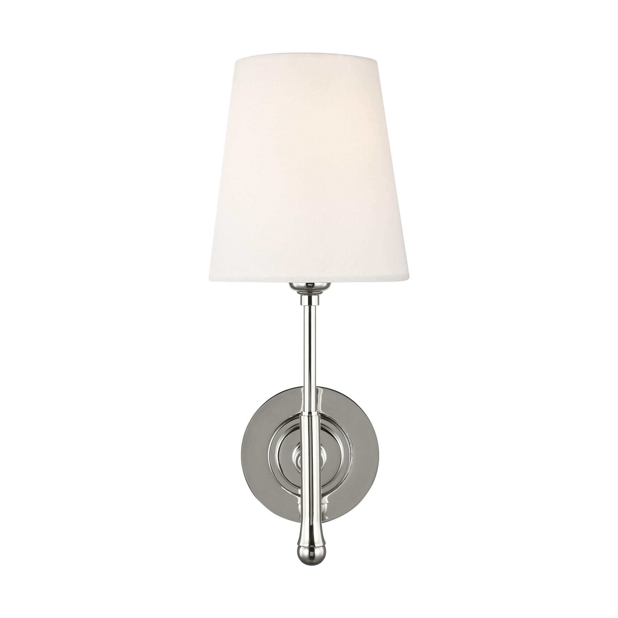 Shown in Polished Nickel finish and White Linenfabric shade