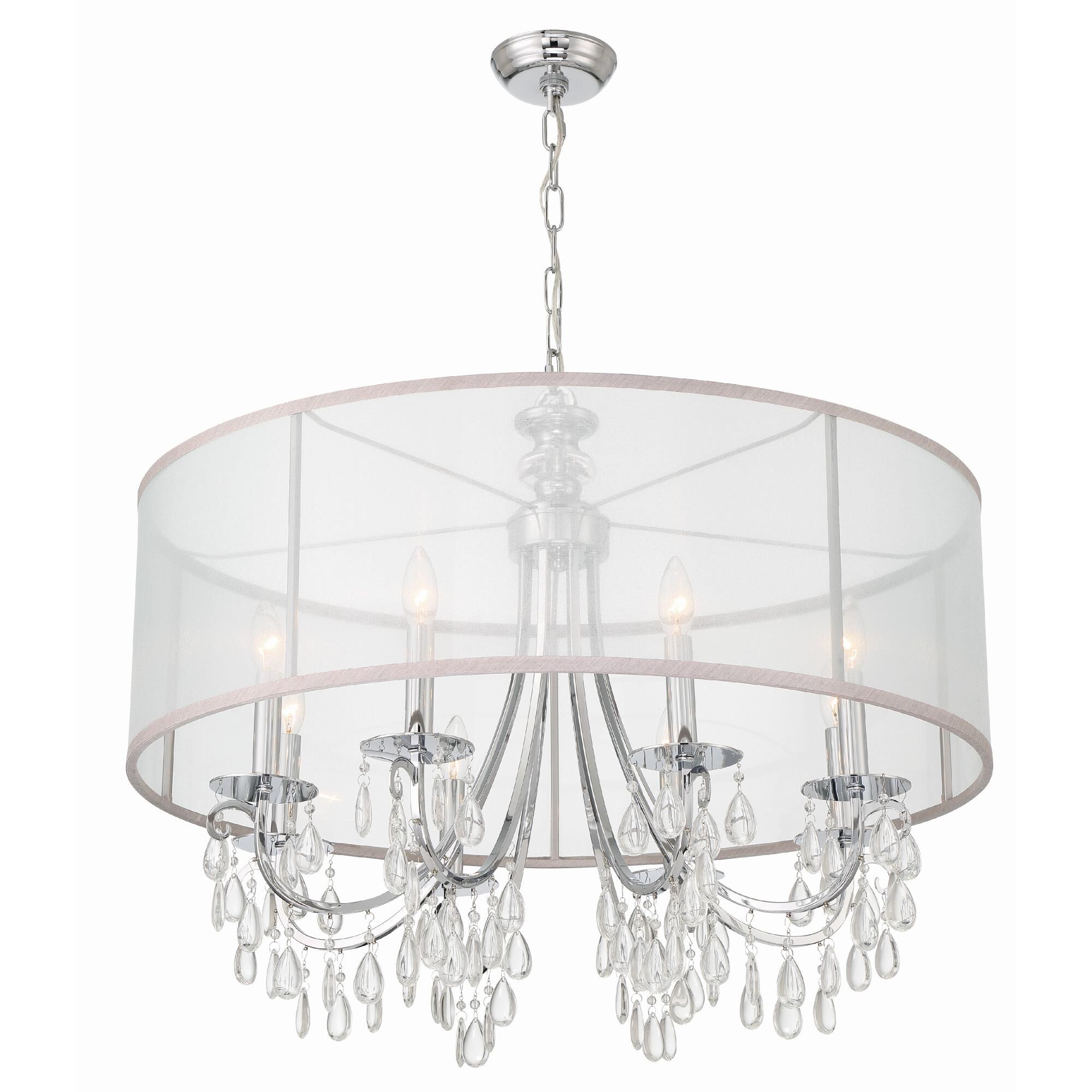 Shown in Polished Chrome finish and Clear Teardrop Almond crystal and Silk glass and Translucent Silver shade