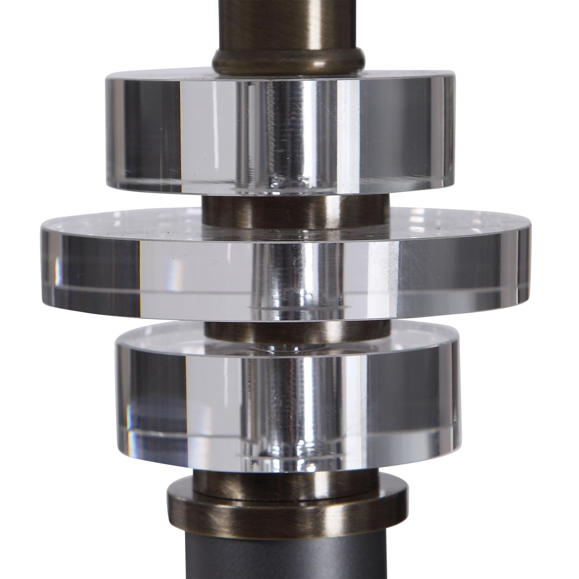 Shown in Transitional In Design, This Floor Lamp Features A Sleek Steel Base Finished In A Dark Bronze, Accen finish and Round Hardback  With Linning Background shade