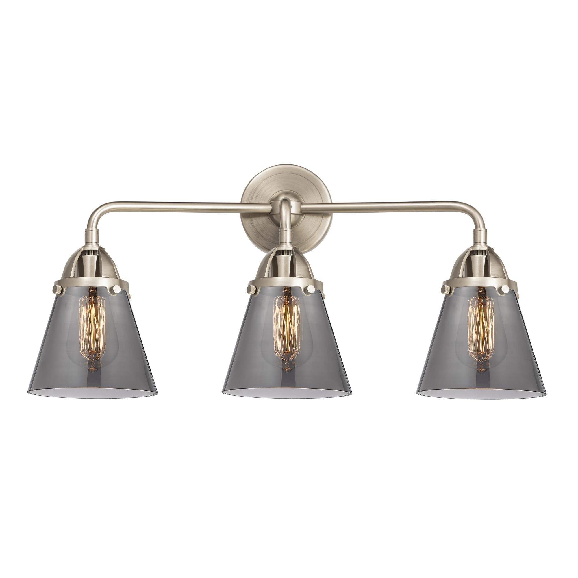 Shown in Brushed Satin Nickel finish and Plated Smoke Small Cone glass and No Shade shade