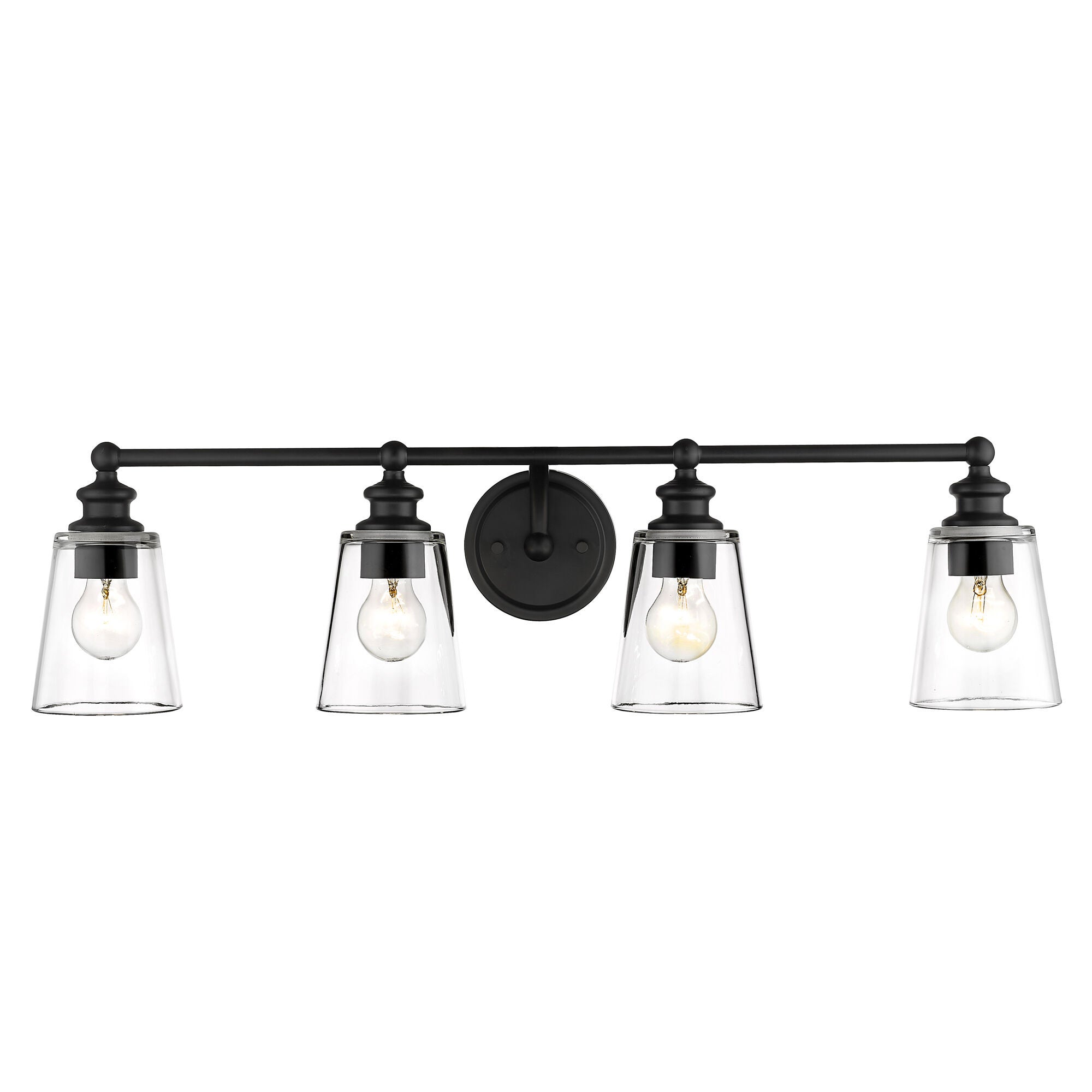 Shown in Matte Black finish and Clear glass and Clear, Cone Shaped Glass shade
