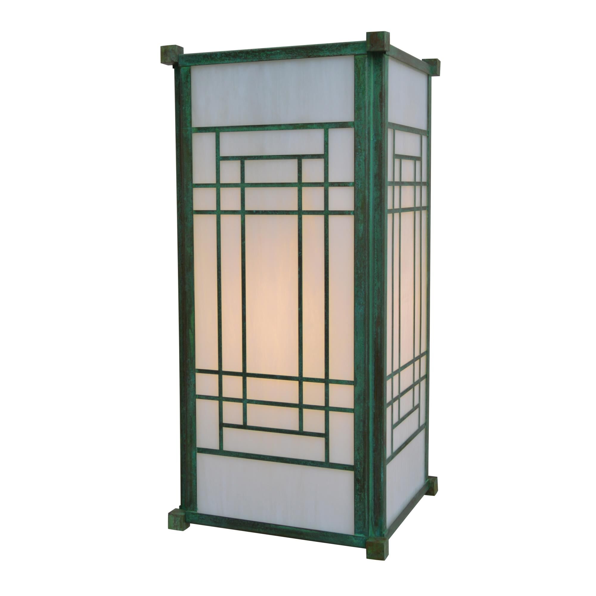 Shown in Verdigris Patina finish and White Opalescent glass