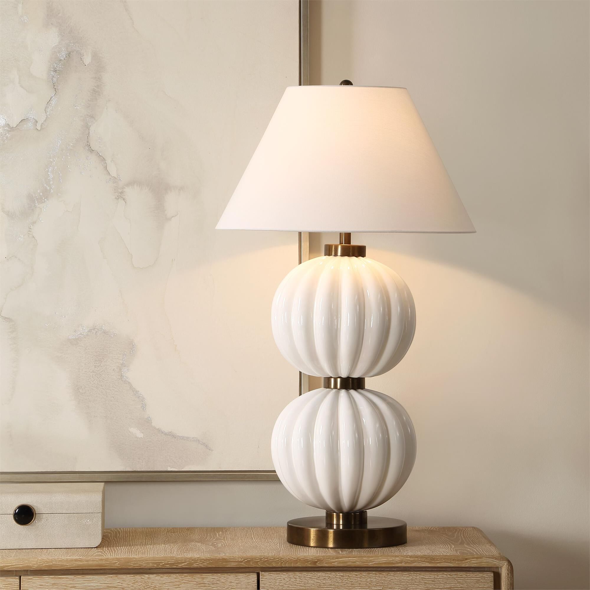 Shown in White finish and Round Drum Hardback shade