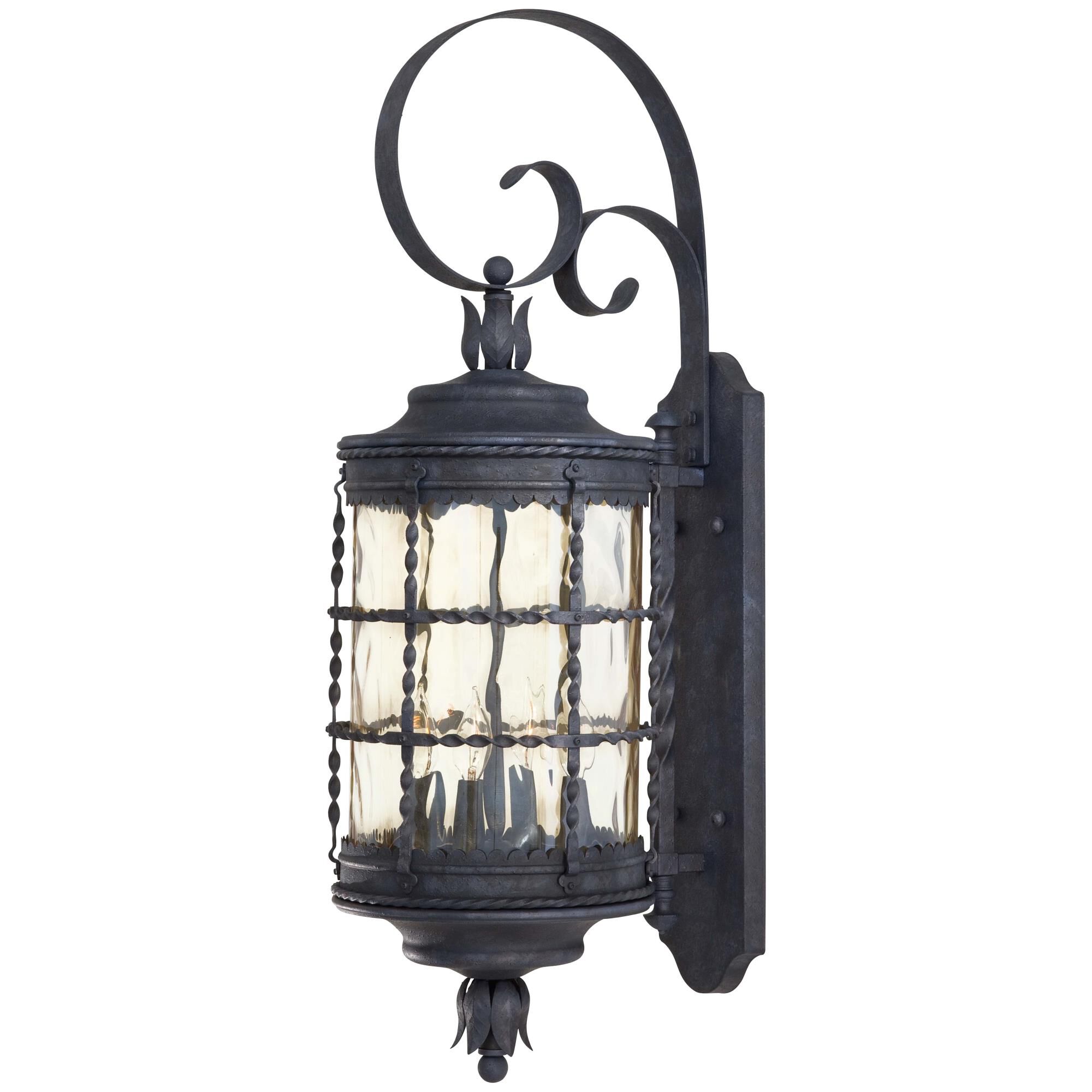 Shown in Spanish Iron finish and Champagne glass and Hammered Glass shade
