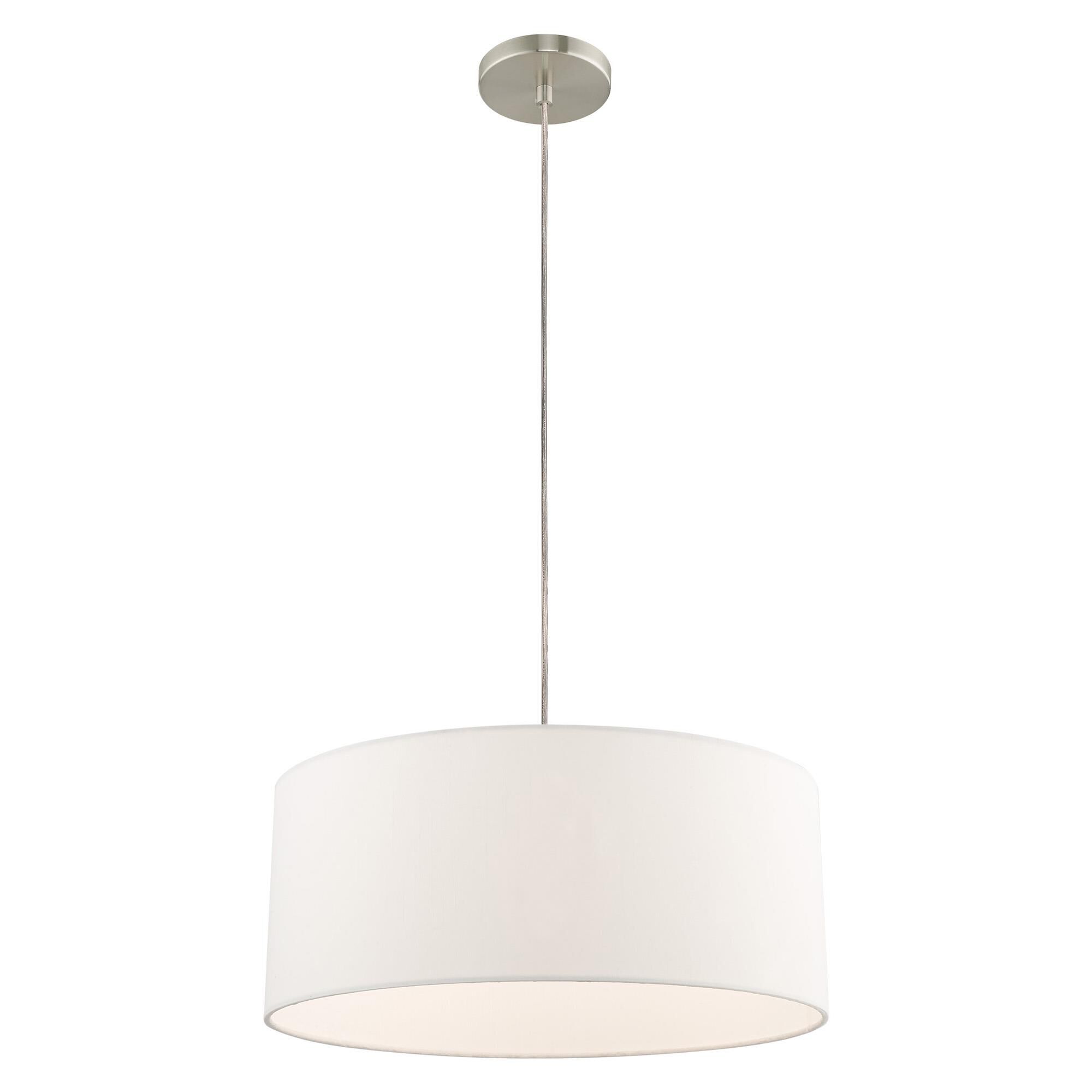 Shown in Brushed Nickel finish and Hand Crafted Off-White Fabric Hardback shade