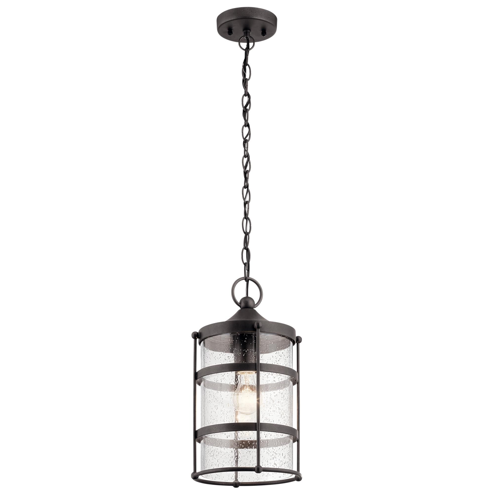 Shown in Anvil Iron finish and Clear Seeded glass
